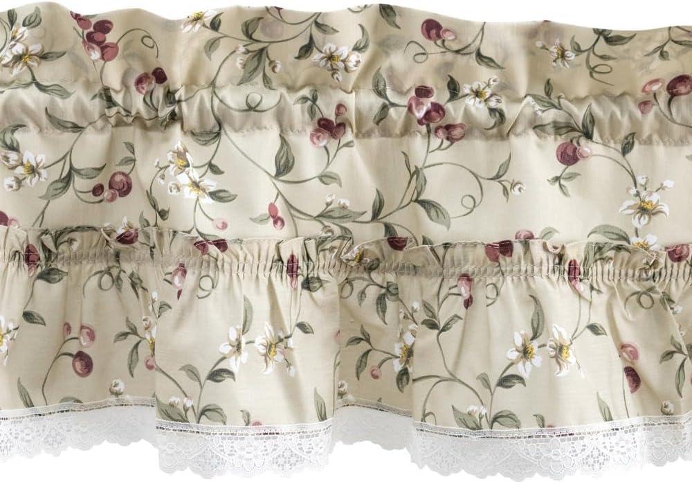 Ellis Curtain Cherries Ruffled 1.5" Rod Pocket Window Curtain Tiers Natural