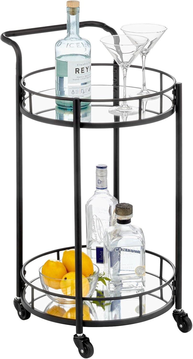 Black Round Metal Rolling Bar Cart with Glass Shelves