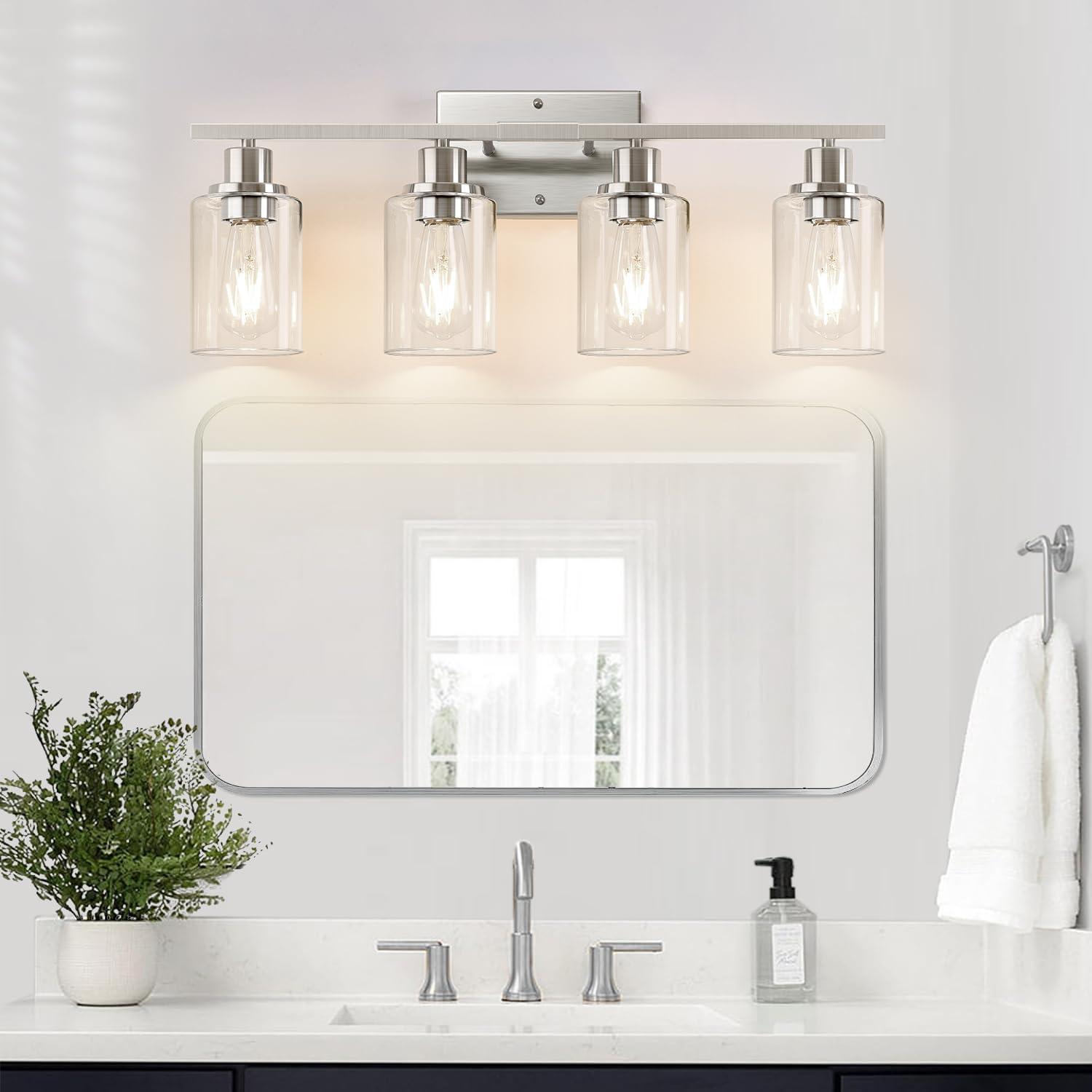 Brushed Nickel 4-Light Bathroom Vanity Fixture with Clear Glass Shades