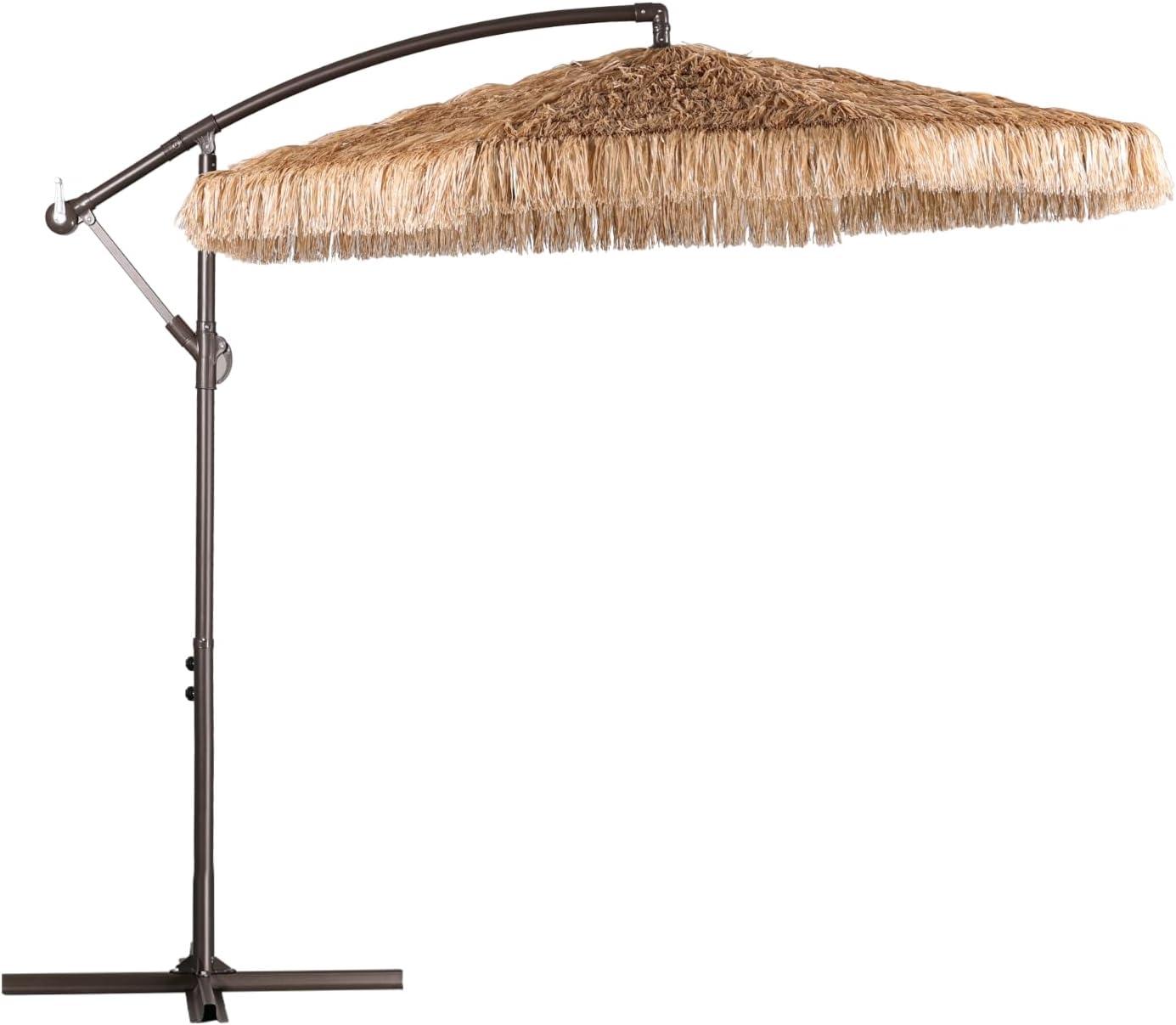 Aoodor 10FT Cantilever Tiki Thatch Patio Umbrella, Hand-Push Tilt Offset Umbrella for Outdoor, Natural Straw Look (No Base)