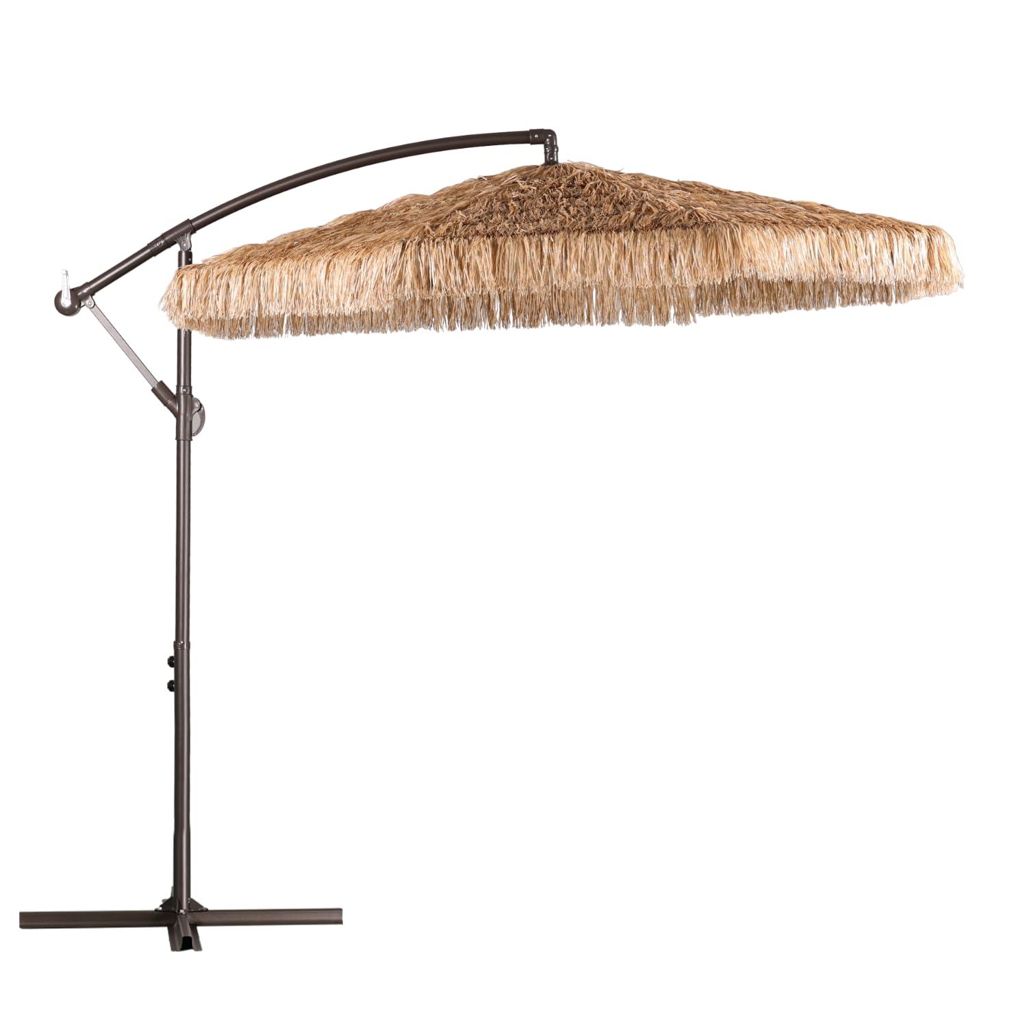 Aoodor 10FT Cantilever Tiki Thatch Patio Umbrella, Hand-Push Tilt Offset Umbrella for Outdoor, Natural Straw Look (No Base)