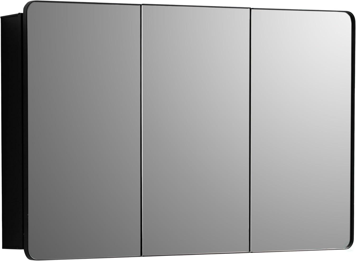 Basicwise 3-Door Aluminum Medicine Cabinet, Round Corner Frame, Surface or Recessed Mount, Mirrored Doors with Adjustable Glass Shelves, Matte Black