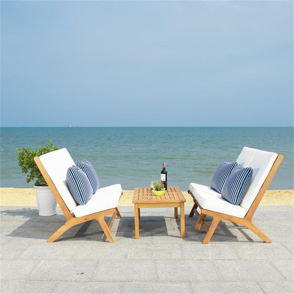 Chaston 4 Piece Living Set - Indoor/Outdoor - PAT7044 - Natural/Beige + Thin Stripe Pillow - Safavieh