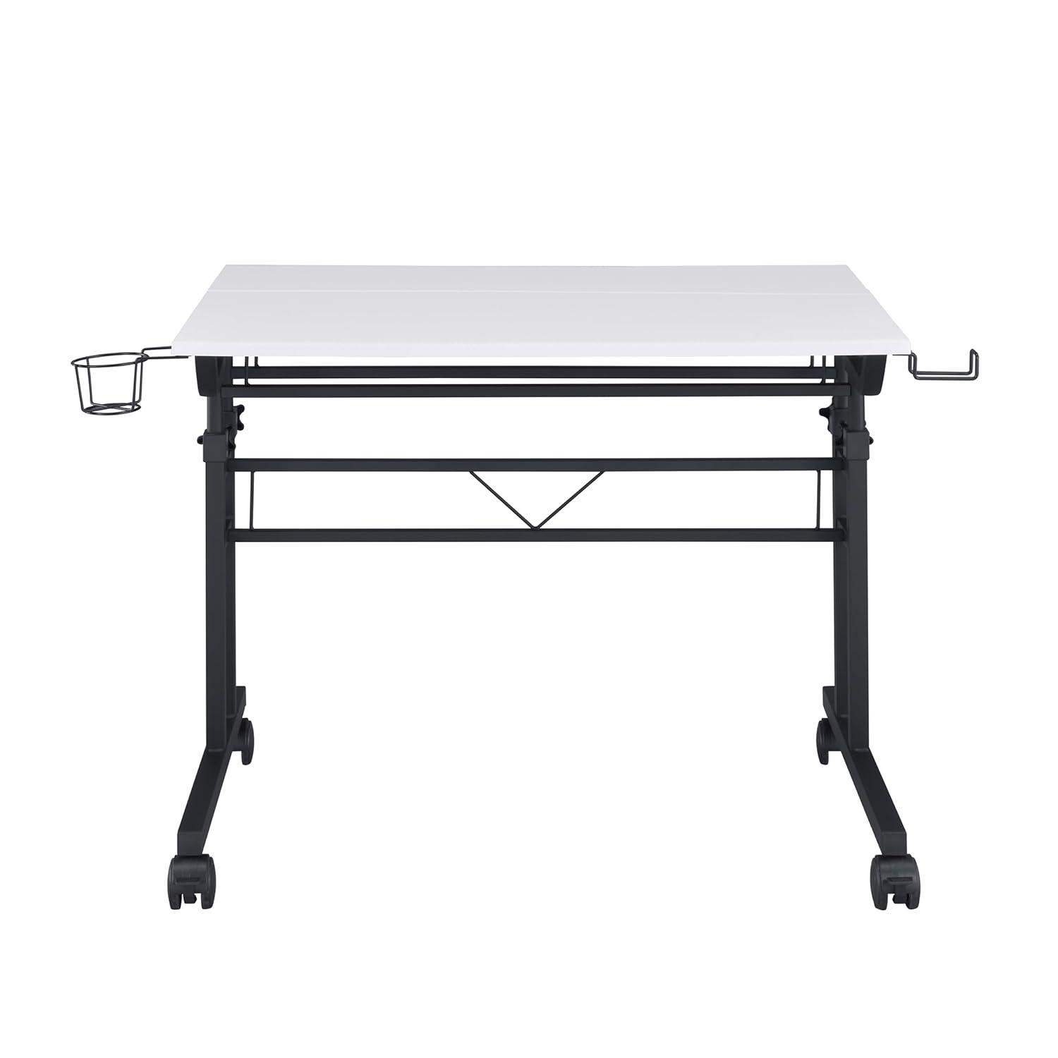 Rolling Writing Desk with Height Adjustable Desktop and Moveable Shelf White - Techni Mobili: Locking Casters, Open Storage