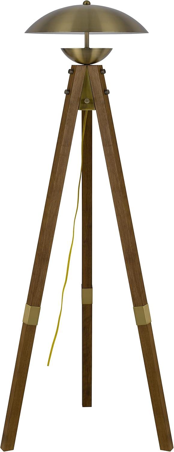 Lakeland Antique Brass Tripod Floor Lamp with Wood Finish