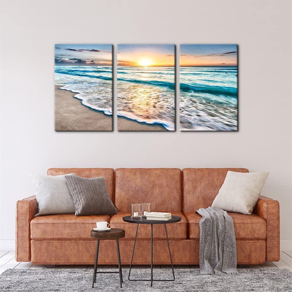 Asdg12s-3 Panel Wall Art Blue Sea Sunset White Beach Painting The Picture Print On Canvas Seascape The Pictures for Home Decor Decoration,Ready to Hang