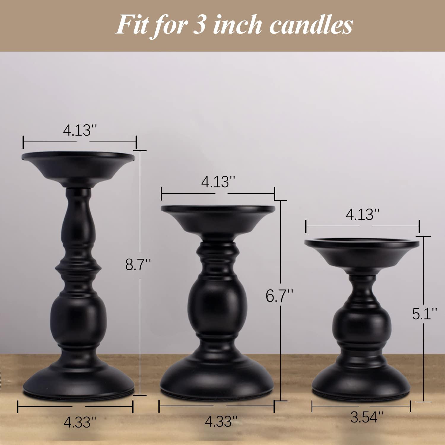 3 Pcs Black Metal Pillar Candle Holder, Iron Candle Stands, 5.3/6.8/9.1 Inches Tall Pillar Candle Holder Set,Scented Candle Stands, Retro Table Centerpiece Decor for Fireplace