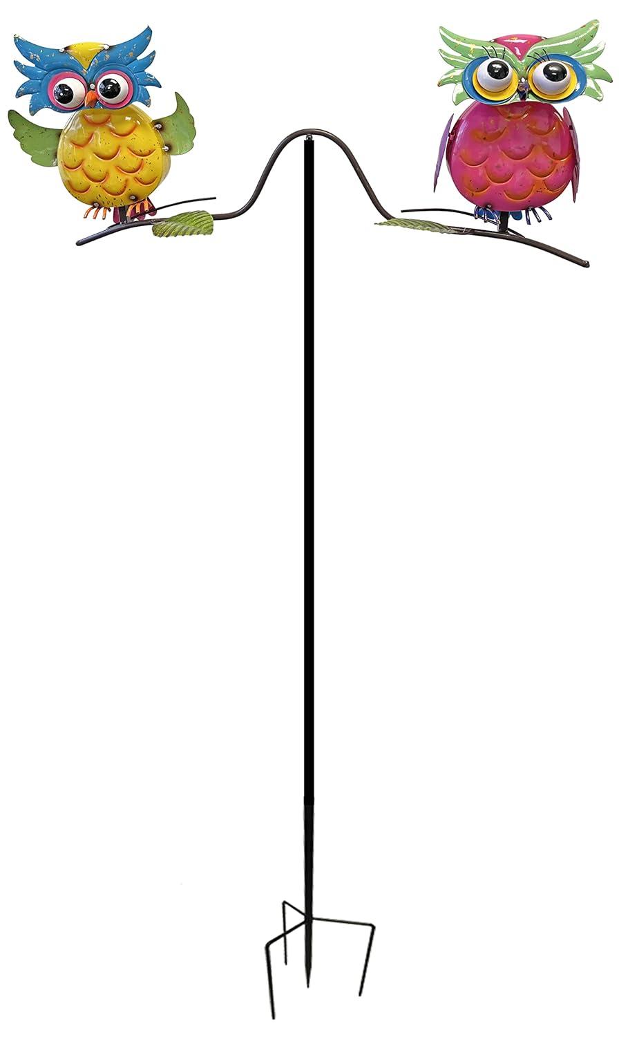 Metal Enameled Two Owls Spinning Balancer Garden Stake
