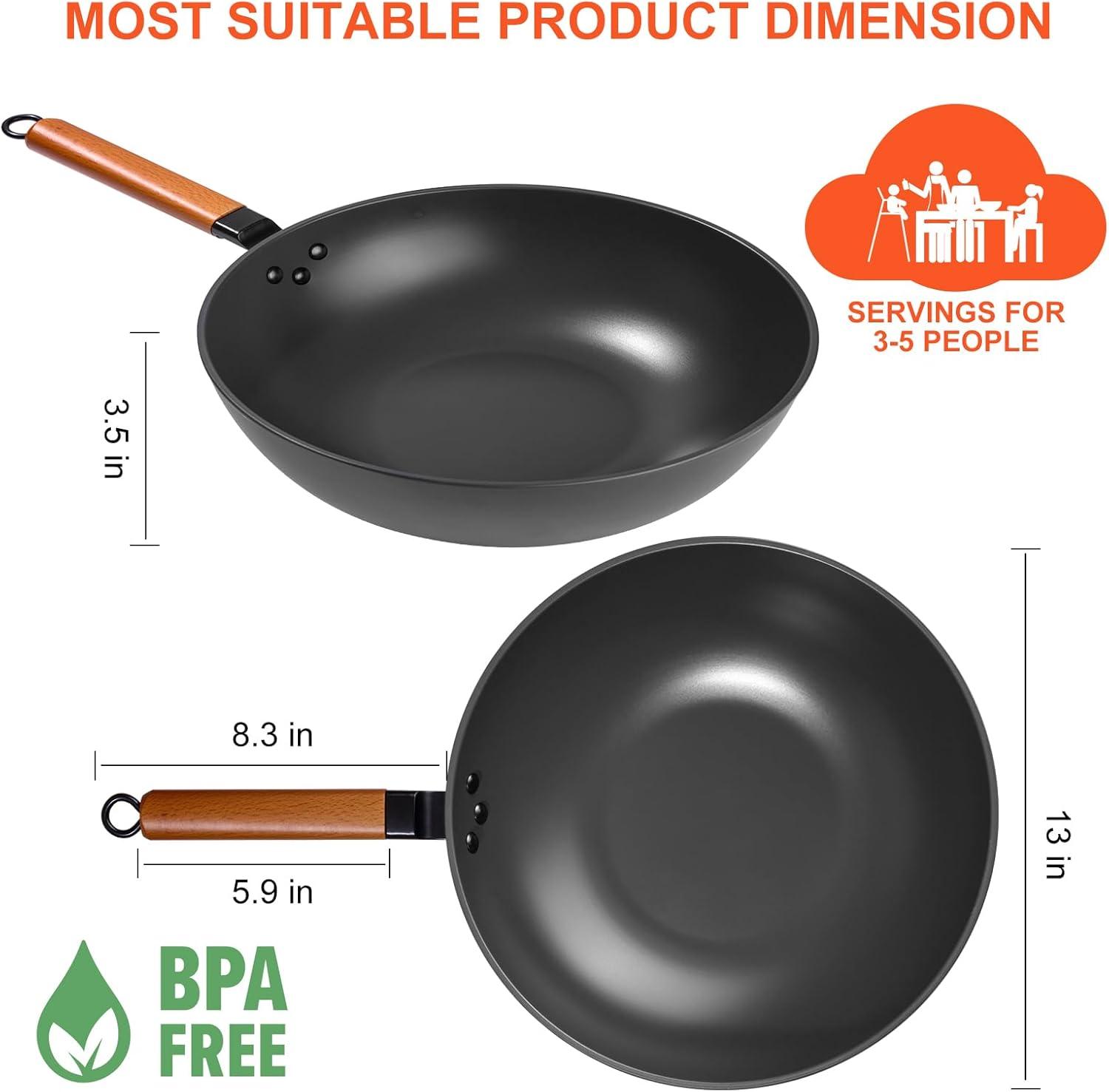 13-Inch Black Carbon Steel Wok with Lid and Spatula