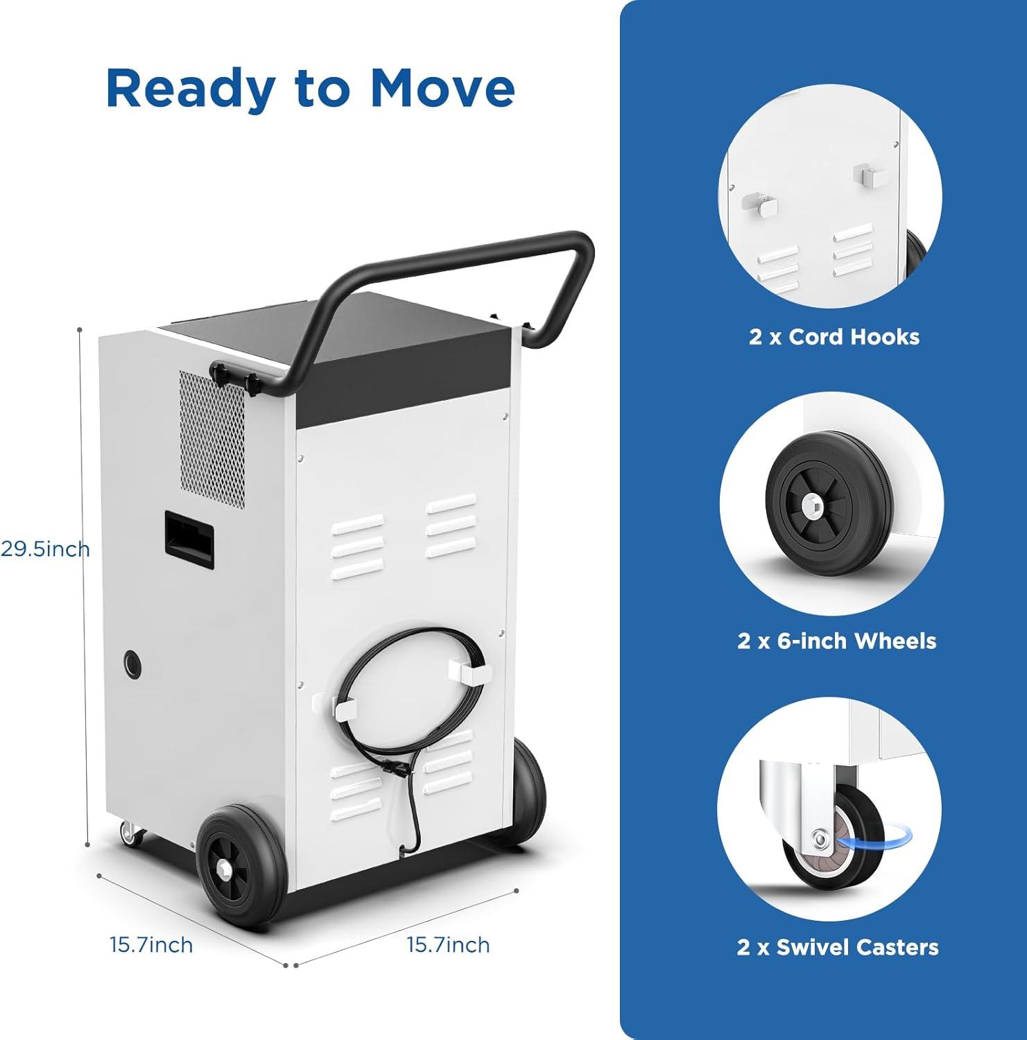 Moiswell 170 Pints Commercial Dehumidifier with Pump and Drain Hose - Ideal for Industrial Site, Basements, Water Damage Unit for Large Spaces up to 7,500 Sq Ft - Auto Defrost, Memory Starting