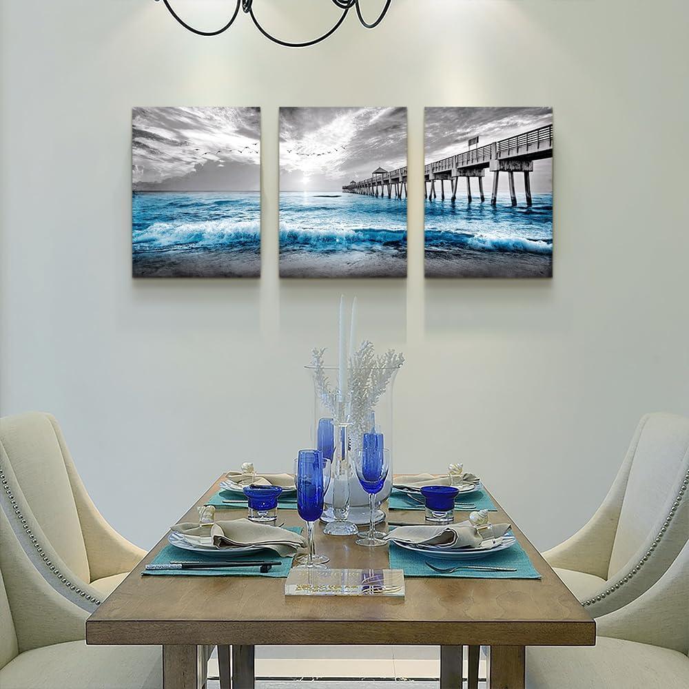 Large Framed Blue Ocean Pier Canvas Wall Art Set