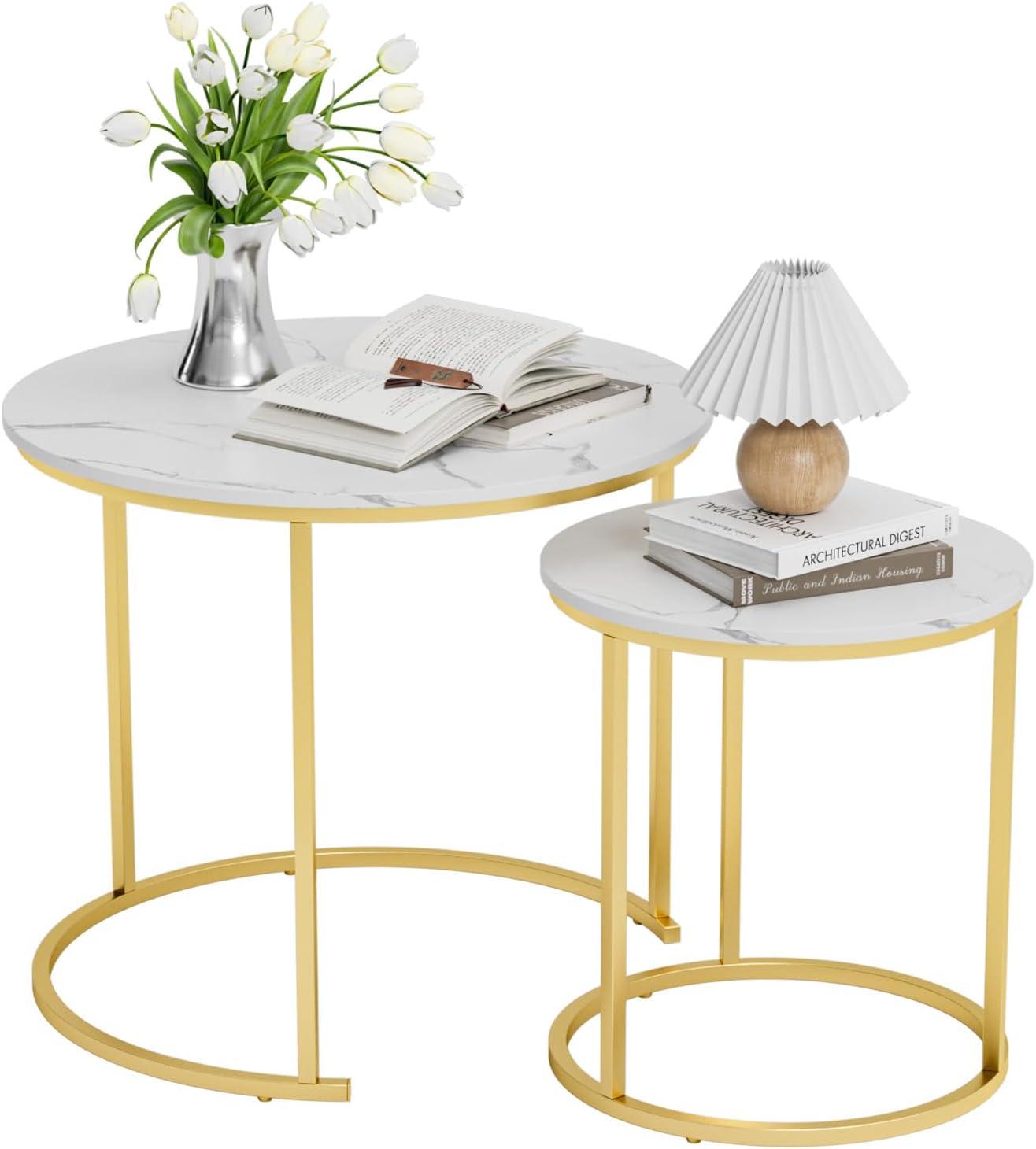 Yesfashion Nesting Coffee Table Set Of 2, 27.6" Round Coffee Table Wood Top With Sturdy Metal Frame, End Table Side Tables For Living Room Bedroom Balcony Yard