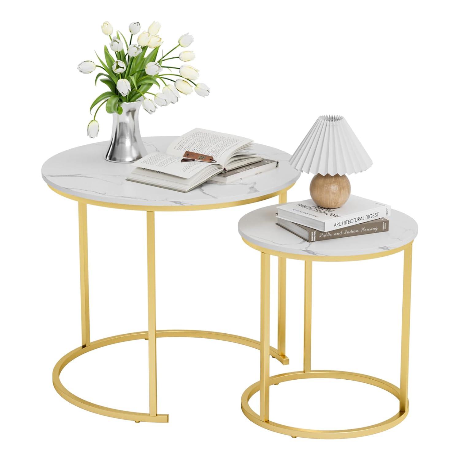 Yesfashion Nesting Coffee Table Set Of 2, 27.6" Round Coffee Table Wood Top With Sturdy Metal Frame, End Table Side Tables For Living Room Bedroom Balcony Yard