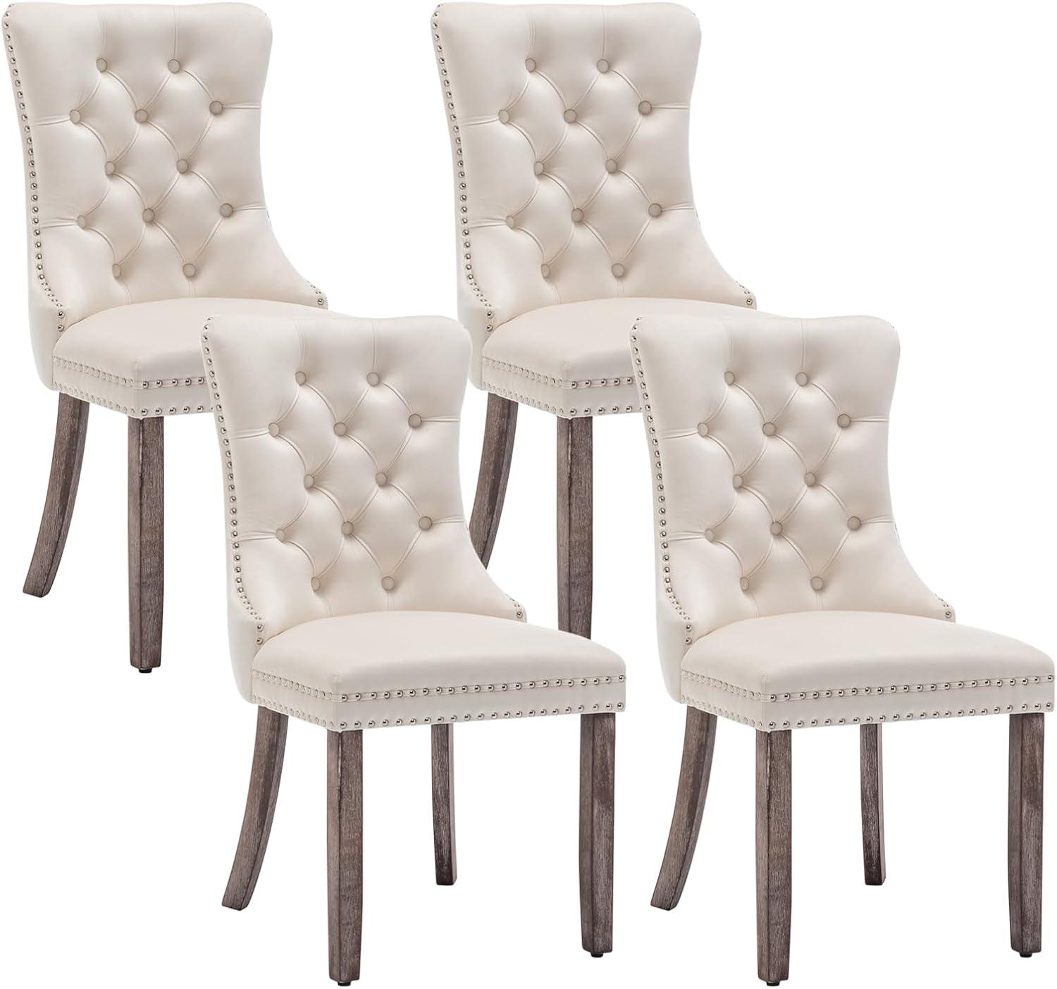 SoarFlash Velvet Dining Chairs Set of 4, Tall Back Side Chair, Modern Upholstered High-end Tufted Side Chair with Button Back Ring, Solid Wood Legs (Beige)