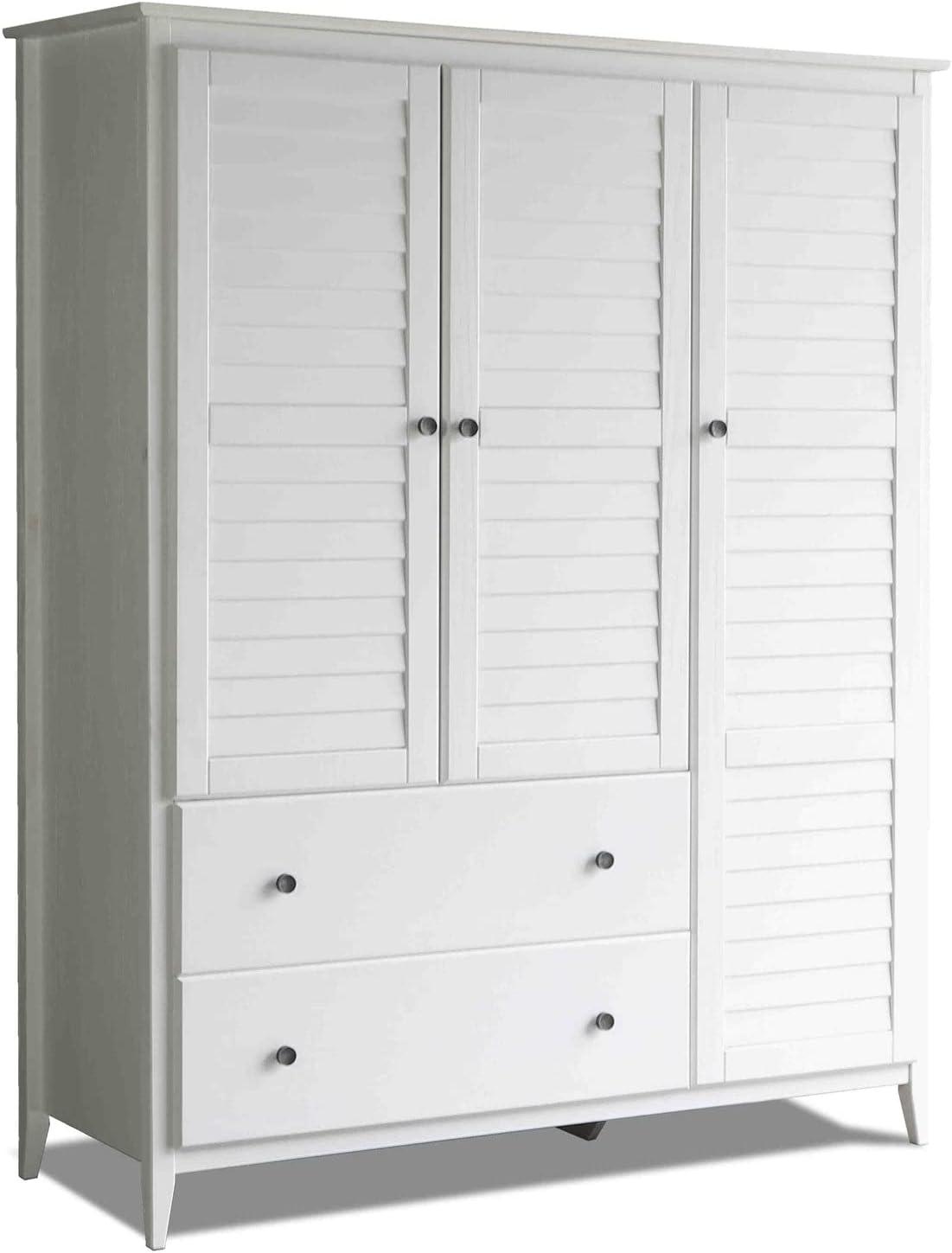 Brushed White Solid Pine Coastal 3-Door Armoire