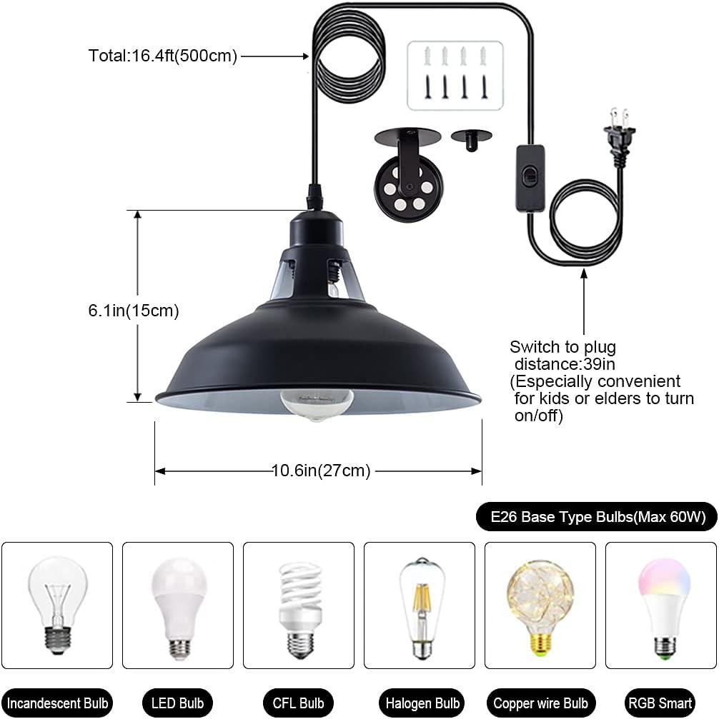 Plug in Pendant Light Industrial Pulley Pendant Lamp E26 Vintage Hanging Light Fixture With 16.4ft Cord On/Off Switch For Pool Table,Houseplant Grow lights,Kitchen Island,Sink 2 Pack Black