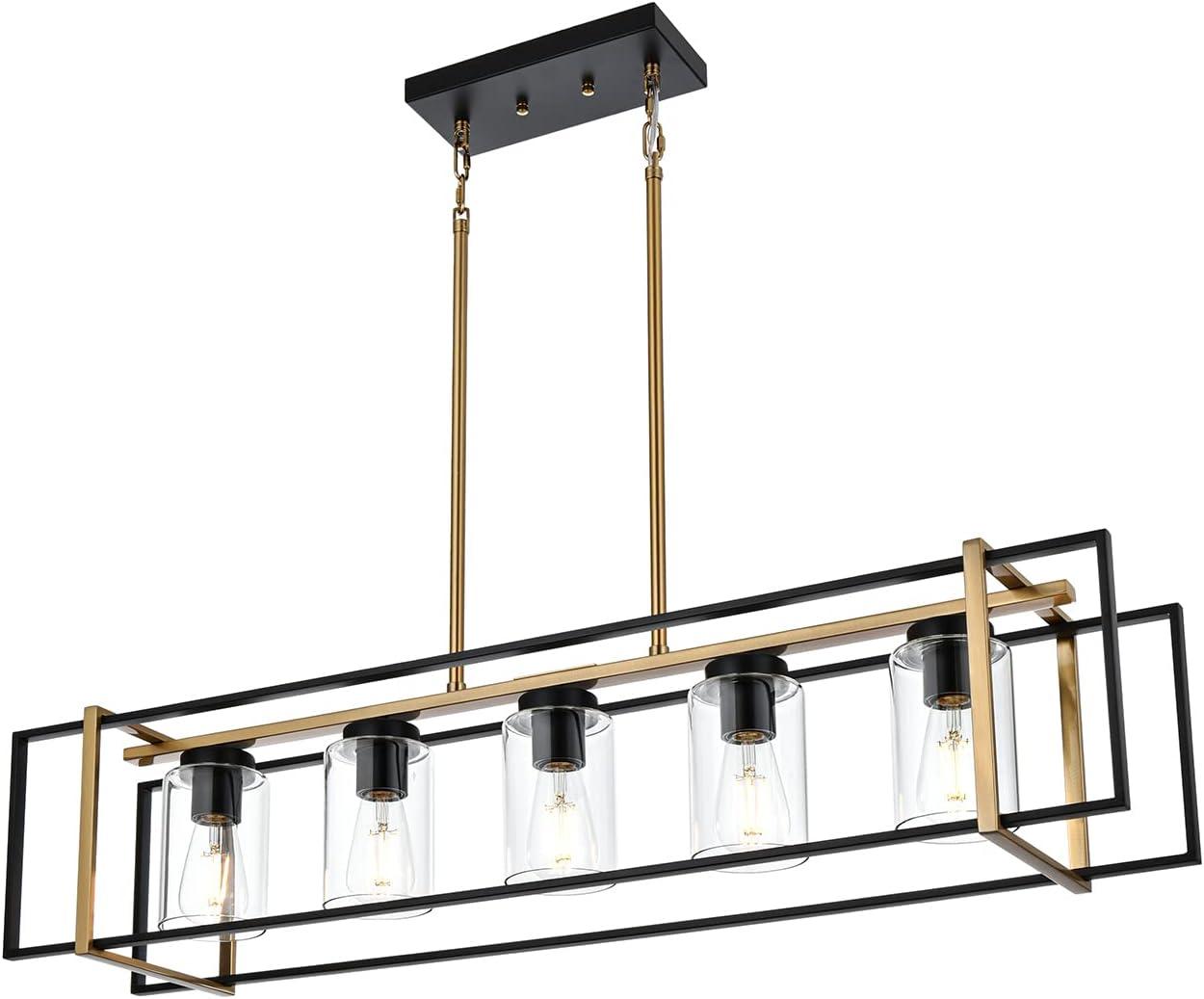 Modern Black and Brass 5-Light Island Chandelier with Glass Shades