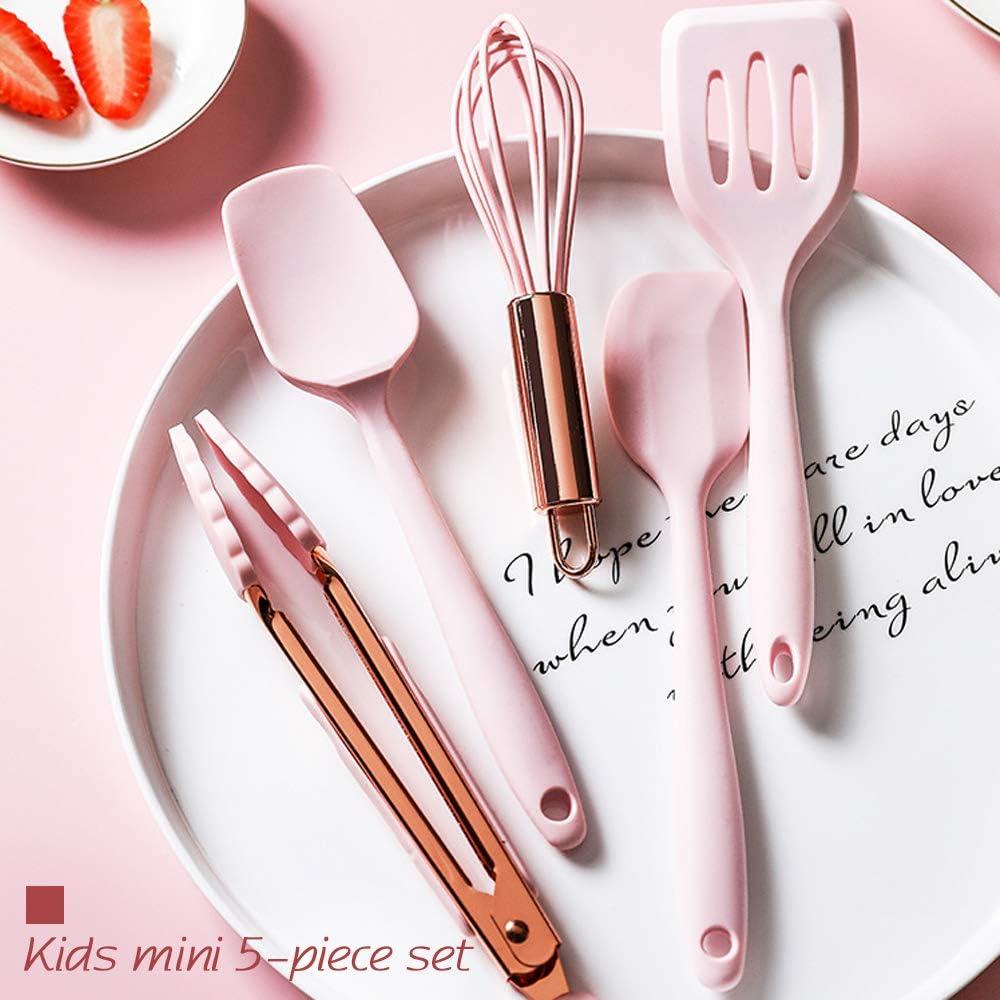 Hvanam Rose Gold And Pink Kitchen Utensil Small Five-Piece Set Mini Silicone Kids Kitchen Tools Whisk Spatula Tongs Spoon And Slotted Spatula(Pink 5 Piece)