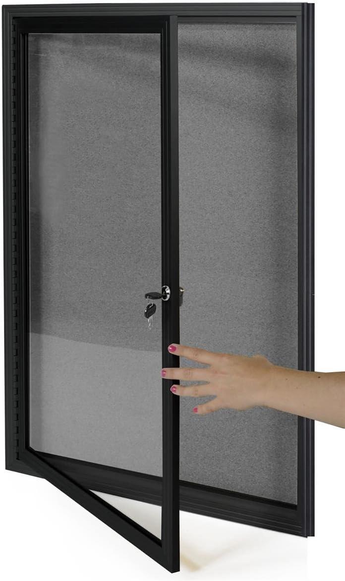 Fabric Corkboard for Wall Mounting, 24" x 36" Enclosed Message Board with Hinged, Swing-open Door, Gray Fabric and Black Aluminum Frame (LGFBBF2436)