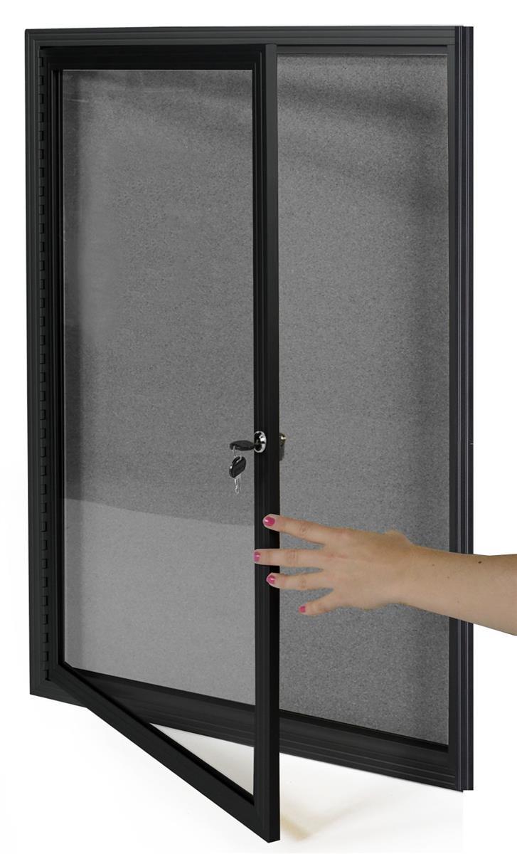 Fabric Corkboard for Wall Mounting, 24" x 36" Enclosed Message Board with Hinged, Swing-open Door, Gray Fabric and Black Aluminum Frame (LGFBBF2436)
