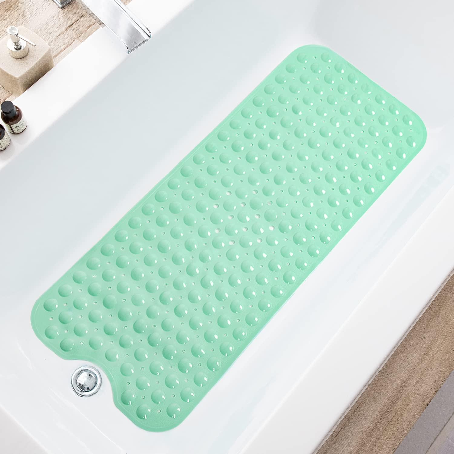 Bathtub and Shower Mats, Extra Long Non-Slip Bath Mat 39 x 16 Inch, Machine Washable Bath Tub Mat with Suction Cups & Drain Holes for Bathroom, Pale Green