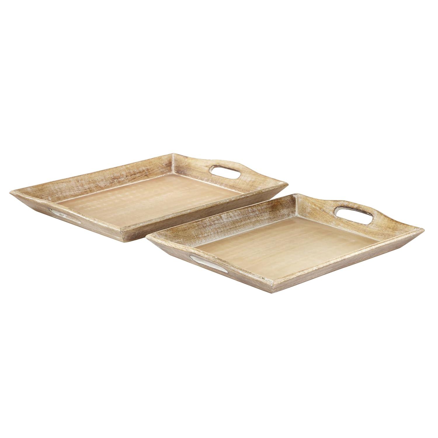 Olivia & May Set of 2 Traditional Whitewashed Natural Mango Wood Serving Trays Brown: Ottoman Style, with Handles