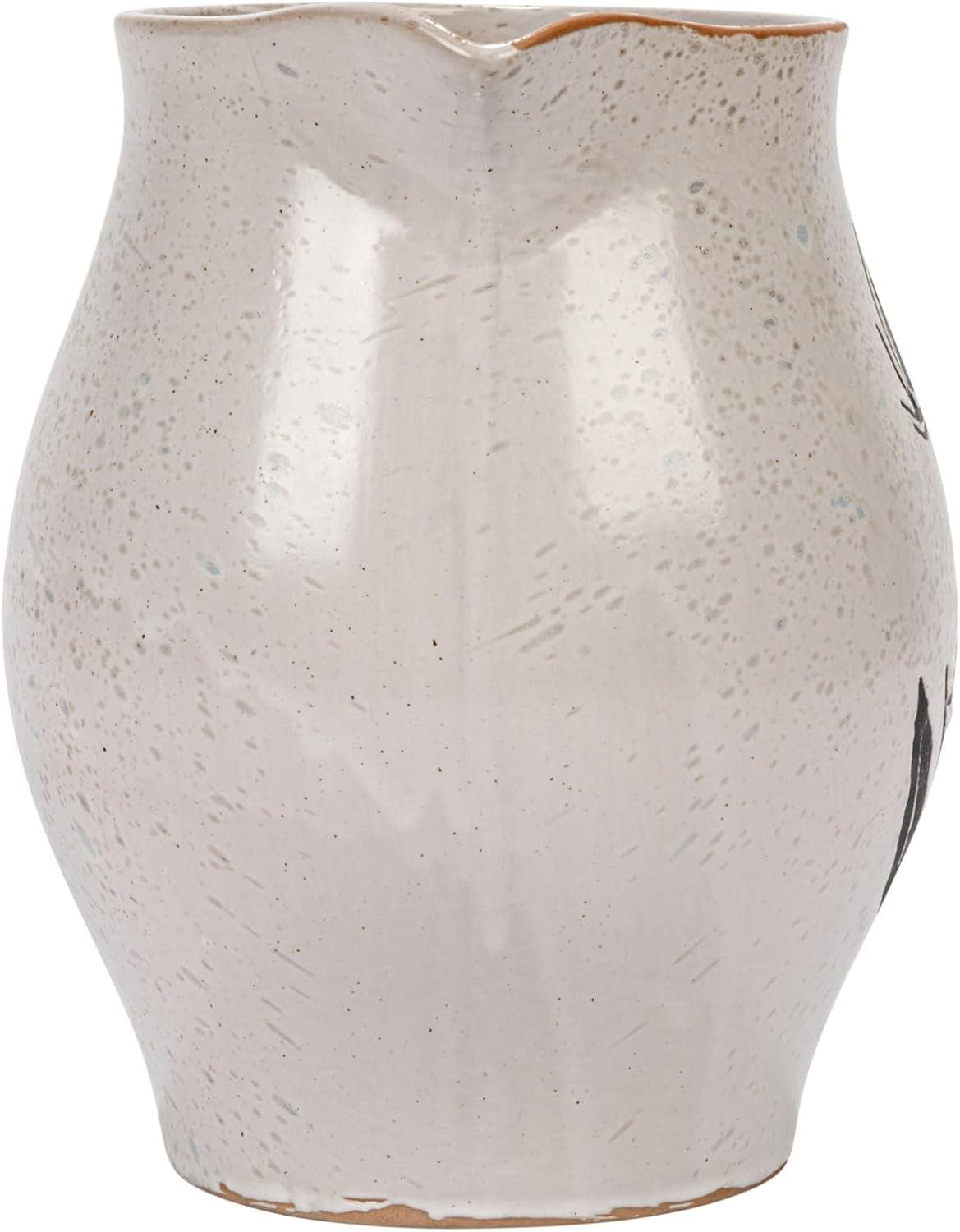 White and Black Stoneware Pitcher with Flower Design, 50 oz