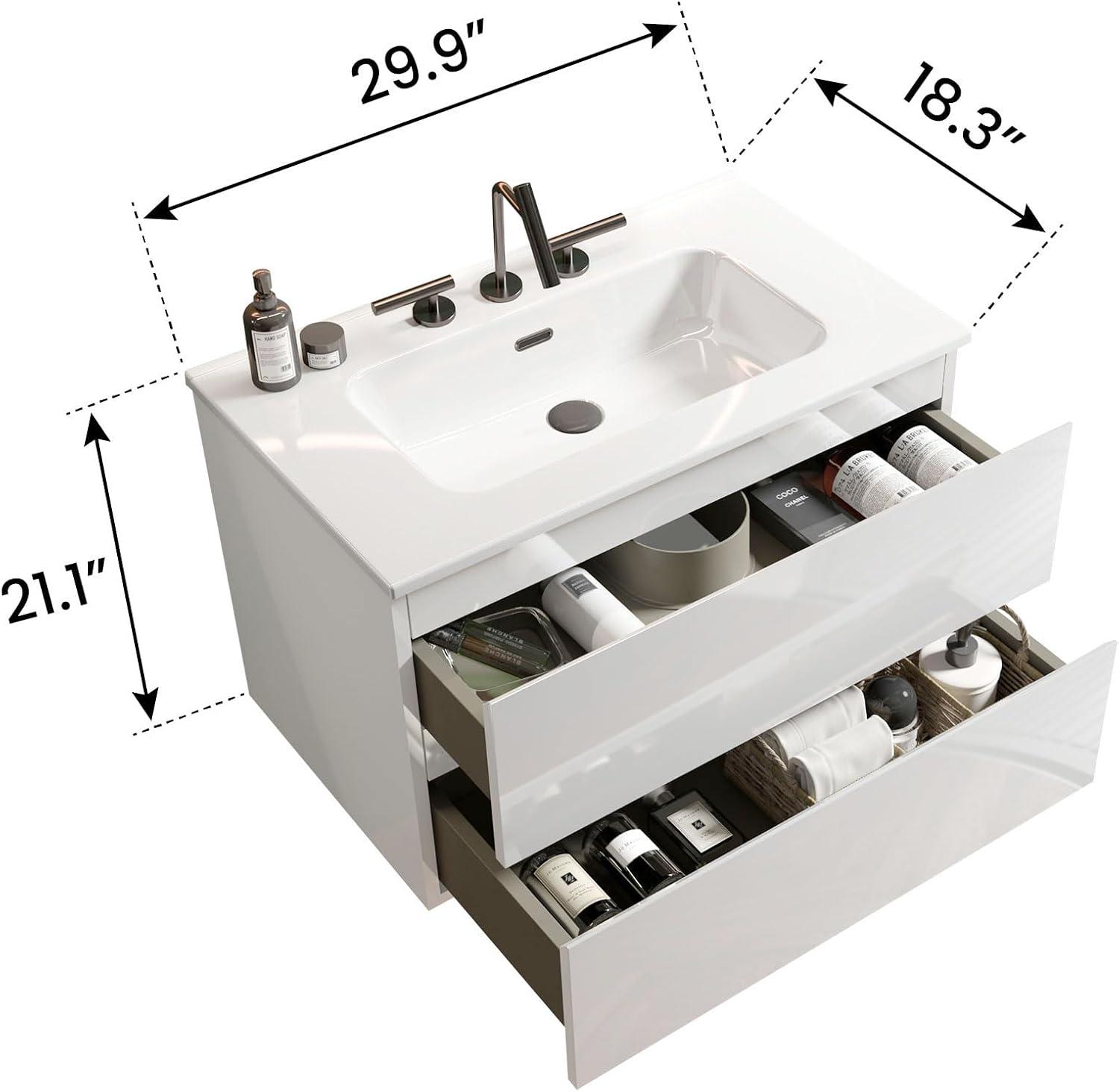 Little Tulip 30" Floating Bathroom Vanity with 3-Hole Ceramic Sink, Contemporary Bathroom Cabinet with 2 Drawers, White