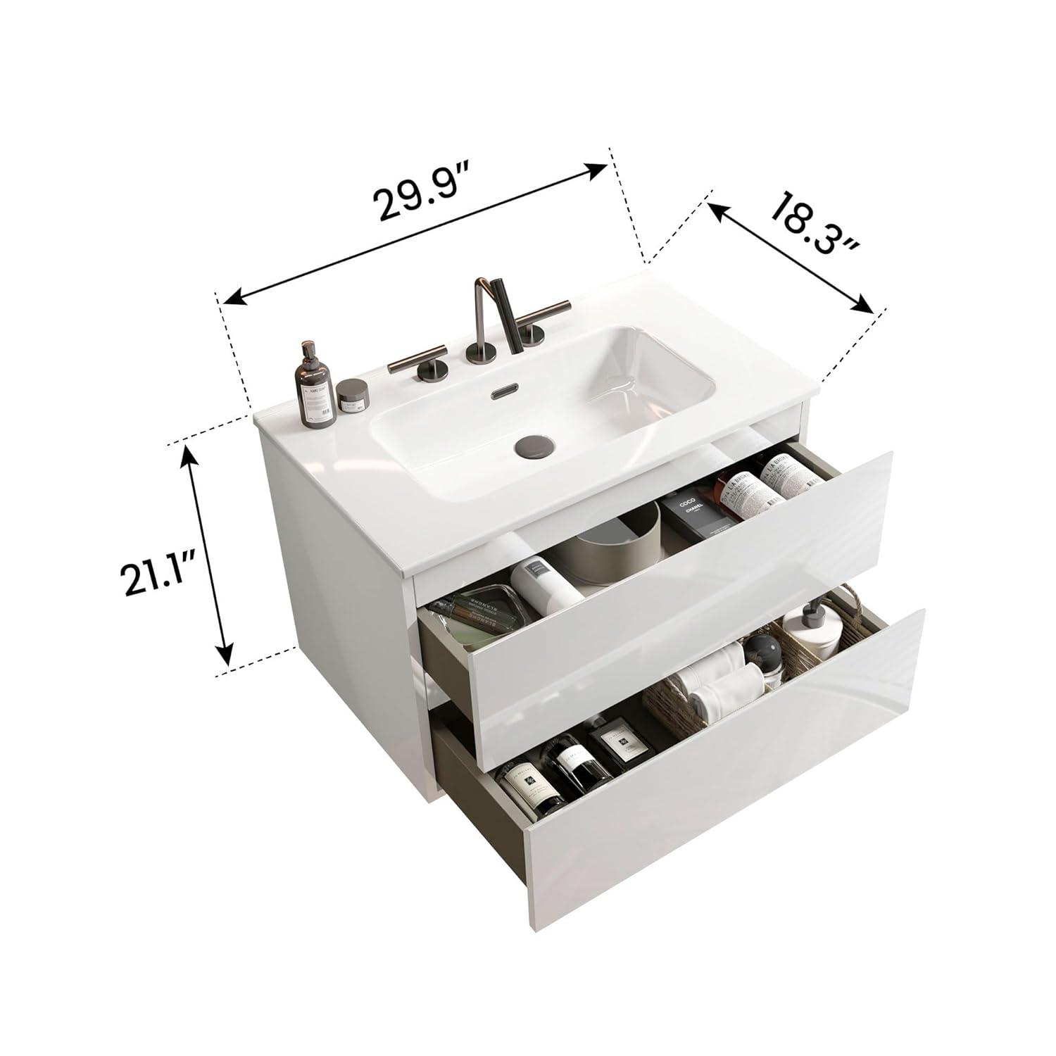 Little Tulip 30" Floating Bathroom Vanity with 3-Hole Ceramic Sink, Contemporary Bathroom Cabinet with 2 Drawers, White