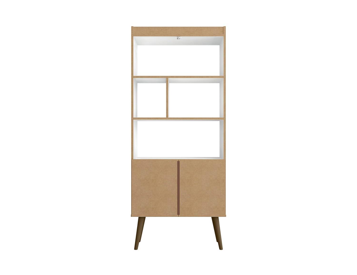 Mid-Century Modern White and Wood 3-Tier Bookshelf with Doors