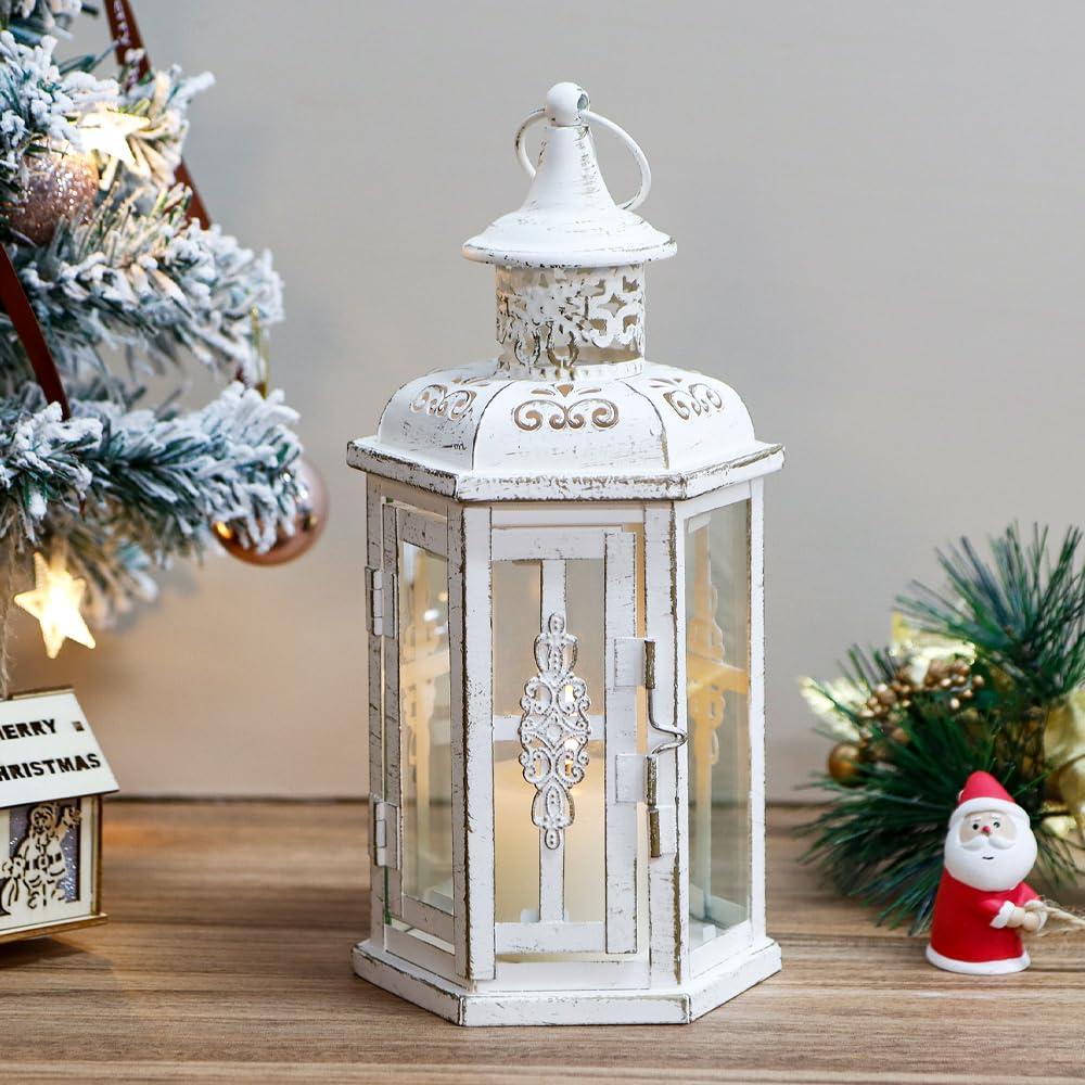 JHY DESIGN Decorative Candle lantern-10inch High Vintage Style Hanging Lantern Metal Candleholder for Indoor Outdoor Events Parities and Weddings (White with Gold Brush)