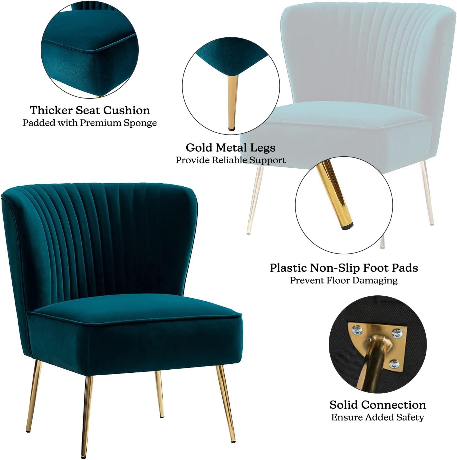 Velvet Upholstered Side Chair Armless Tufted Wingback Metal Legs Dining Living Bedroom Adult Teal