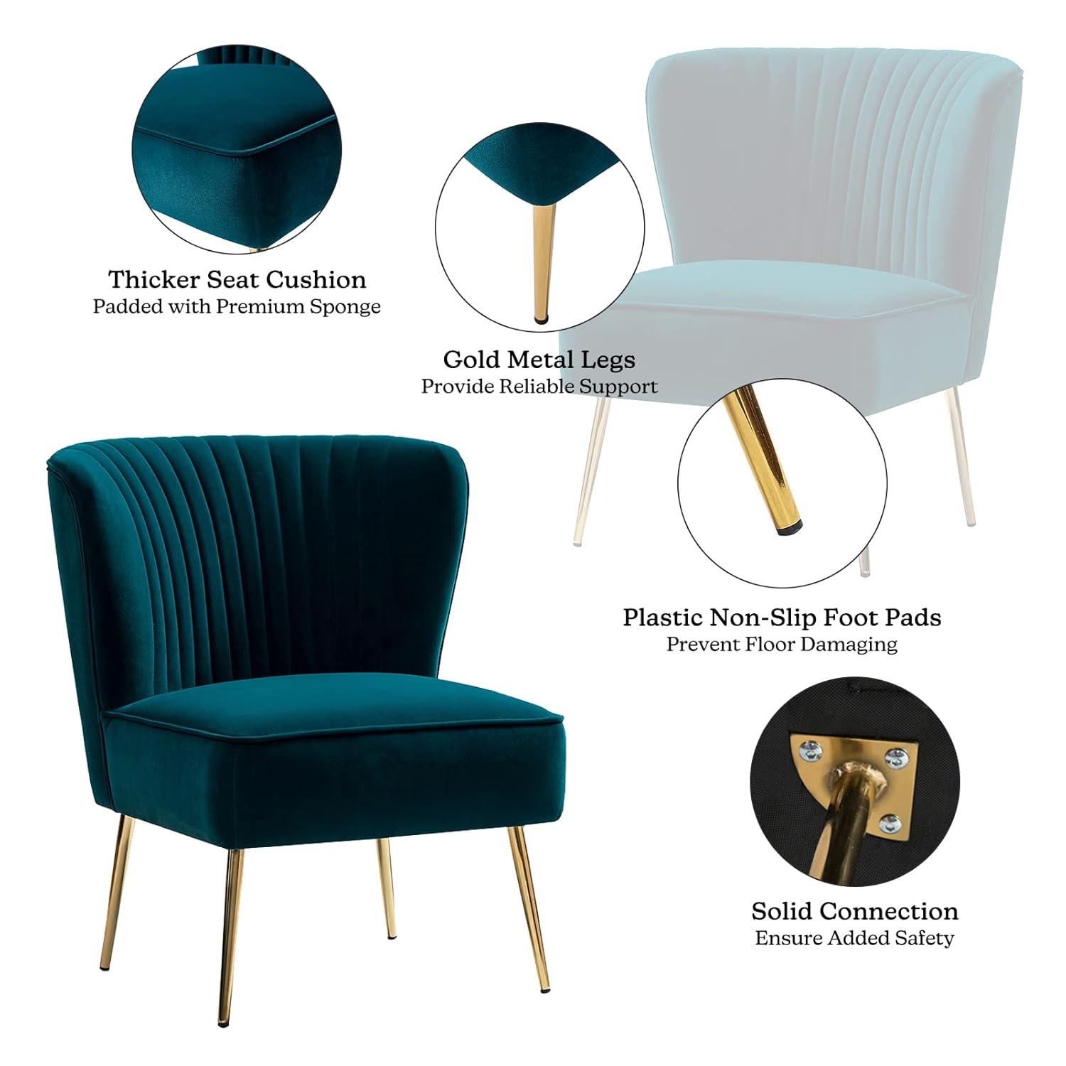 Velvet Upholstered Side Chair Armless Tufted Wingback Metal Legs Dining Living Bedroom Adult Teal