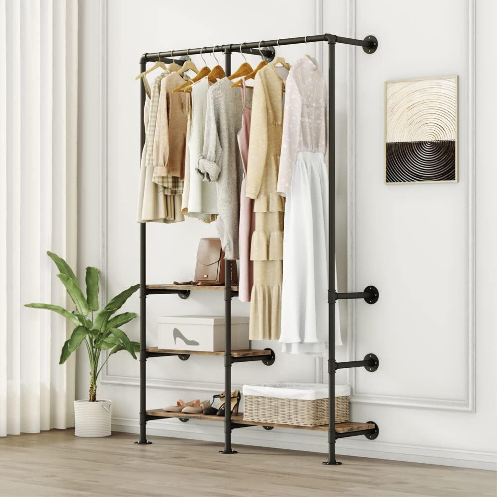 Black Industrial Pipe Wall Mounted Clothing Rack with Shelves