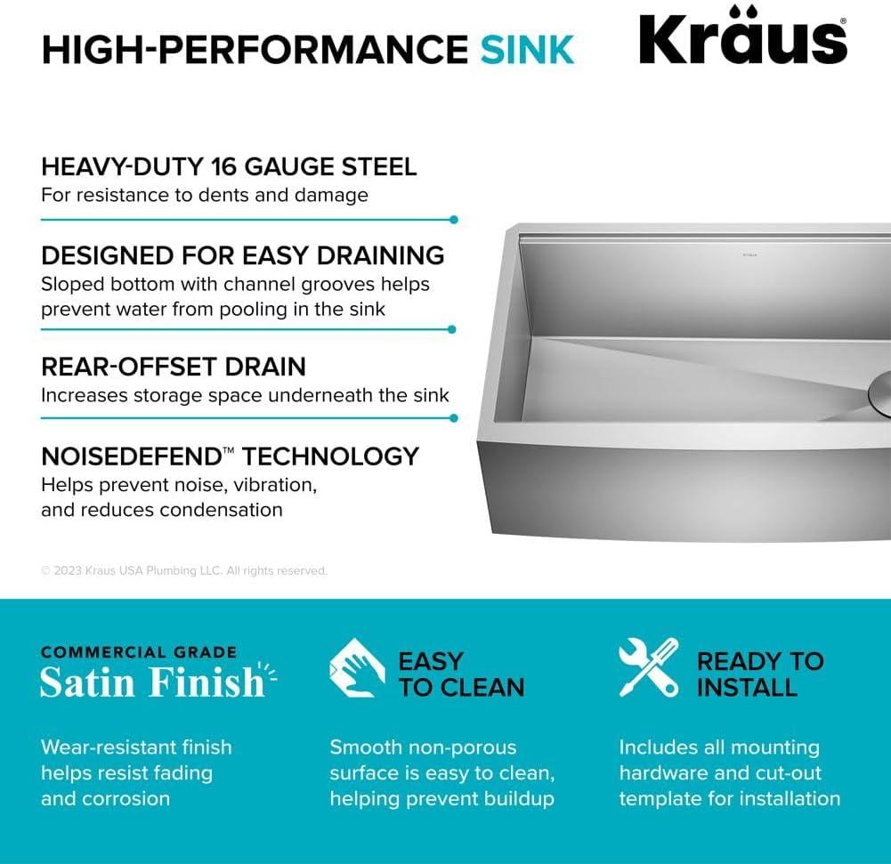 KRAUS® Kore Modern Farmhouse Workstation 16 Gauge Single Bowl Stainless Steel Kitchen Sink with Accessories