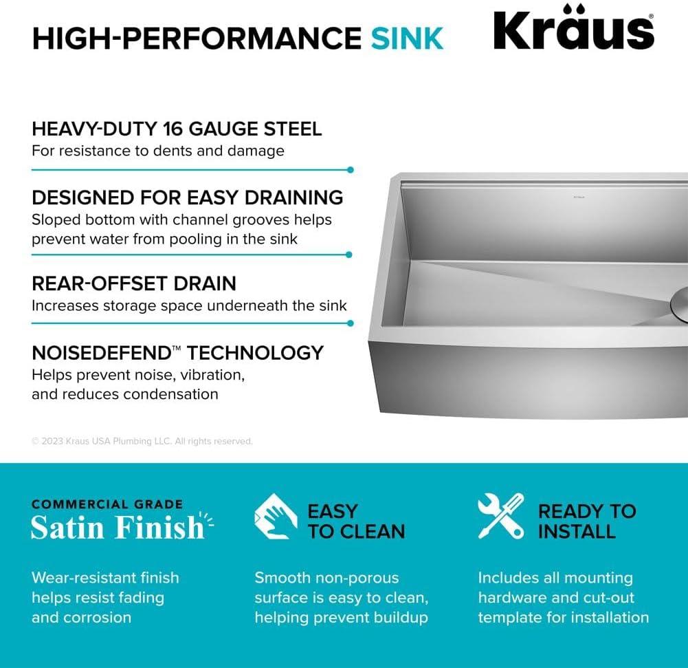 KRAUS® Kore 33" Modern Farmhouse Workstation 16 Gauge Single Bowl Stainless Steel Kitchen Sink with Accessories