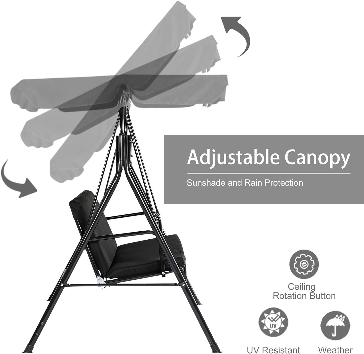 Black Steel 3-Seat Outdoor Swing with Adjustable Canopy