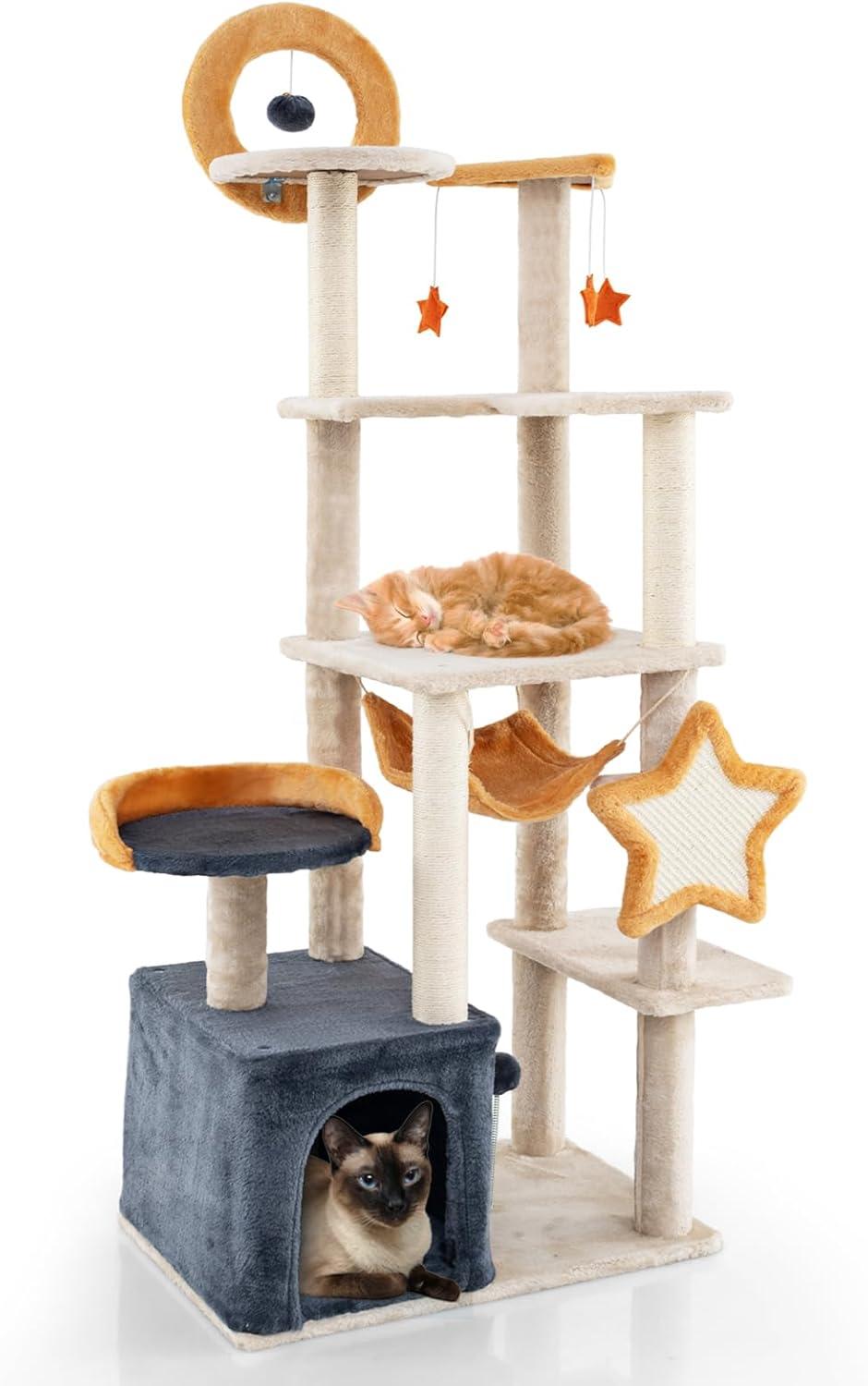 PawHut Cat Tree, 63 Inch Moon and Star Themed Cat Tower with Scratching Post, Hammock, Condo, Bed, Scratching Board & Cat Toys, Beige