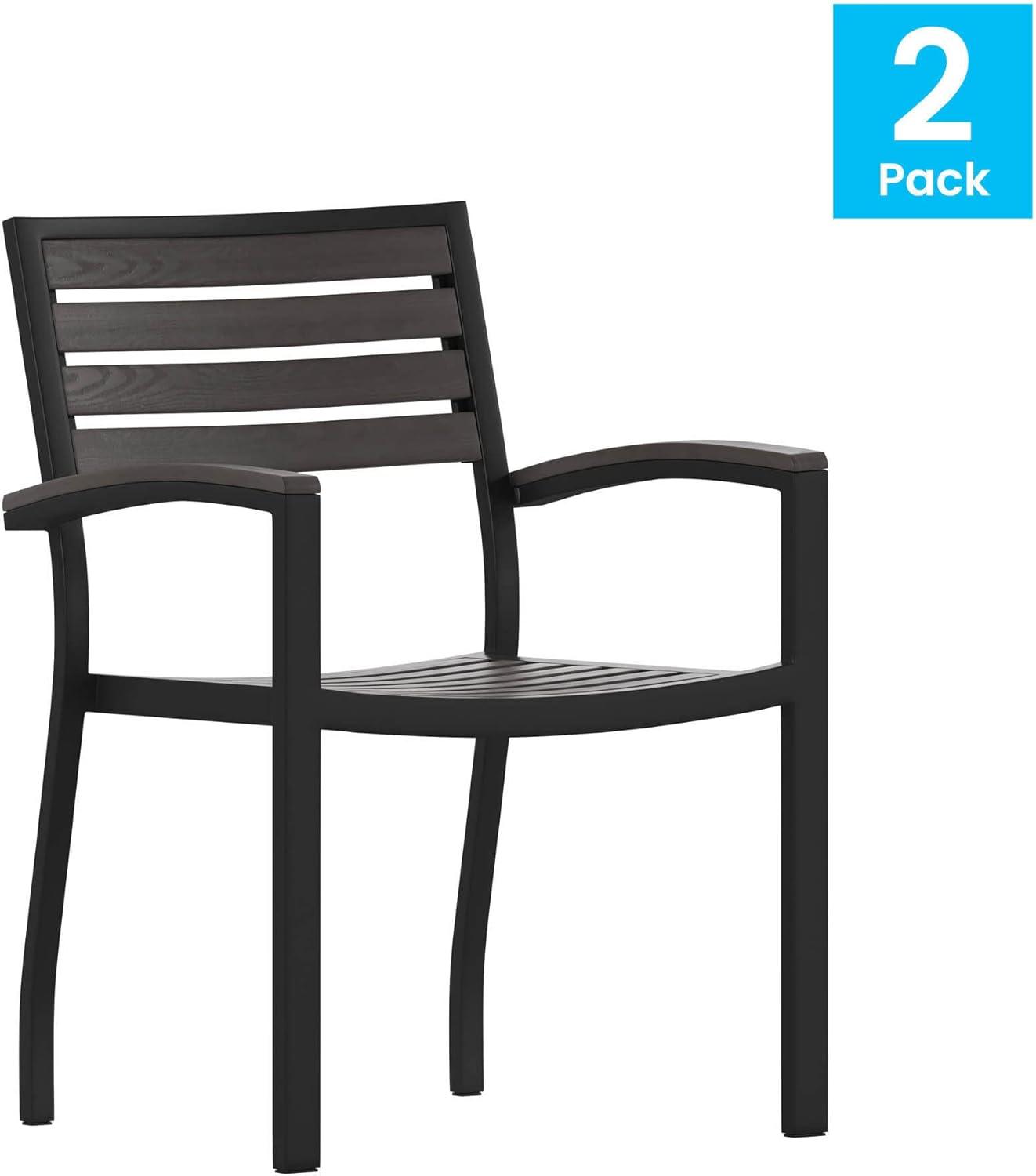 Flash Furniture 2 Pack All-Weather Black Aluminum Patio Stack Chairs - Gray Wash Faux Teak Slats