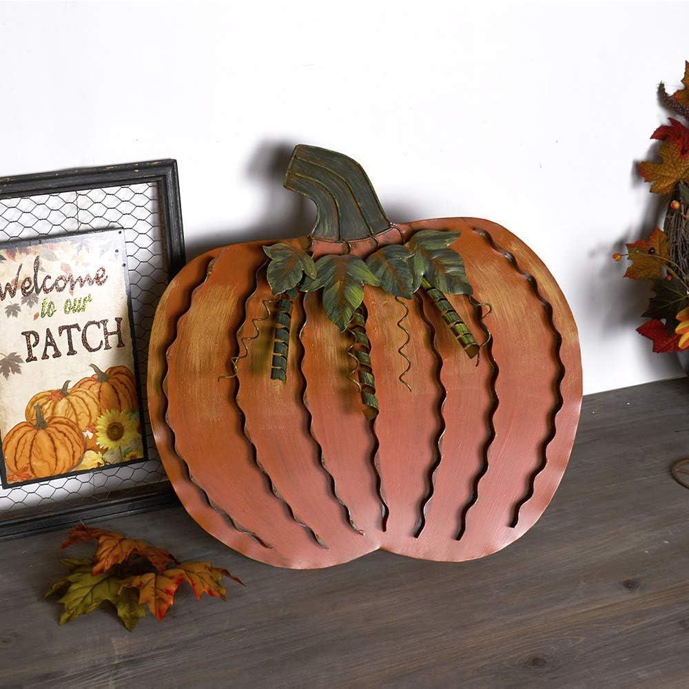 18" Orange Metal Pumpkin Decor with Leaves and Spirals