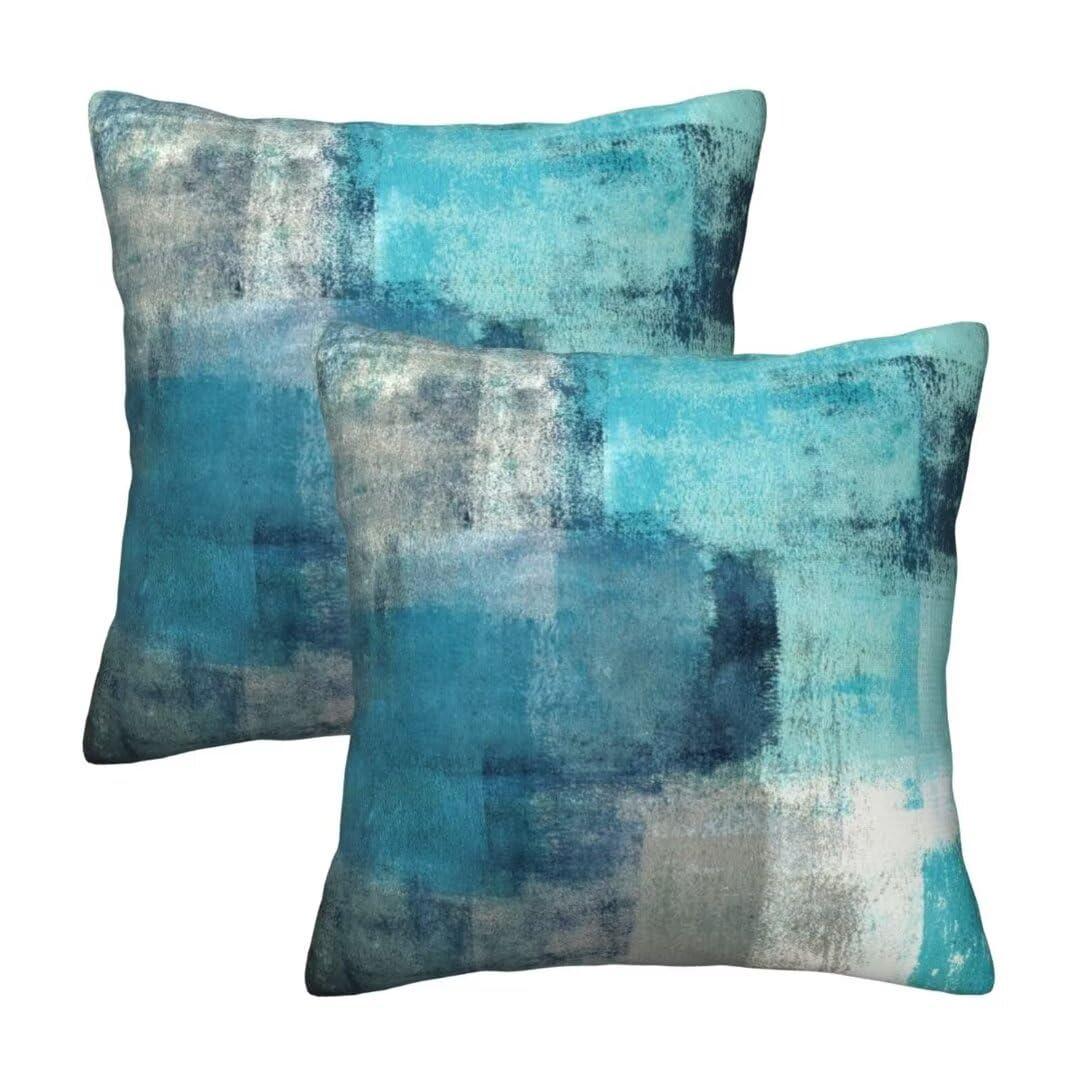 Teal and Brown Throw Pillows Covers Set of 2 Blue Gray Abstract Art Painting Aesthetic Modern Square Decorative Pillow Covers Soft Throw Pillows for Couch Sofa Bedroom, 18X18 Inches