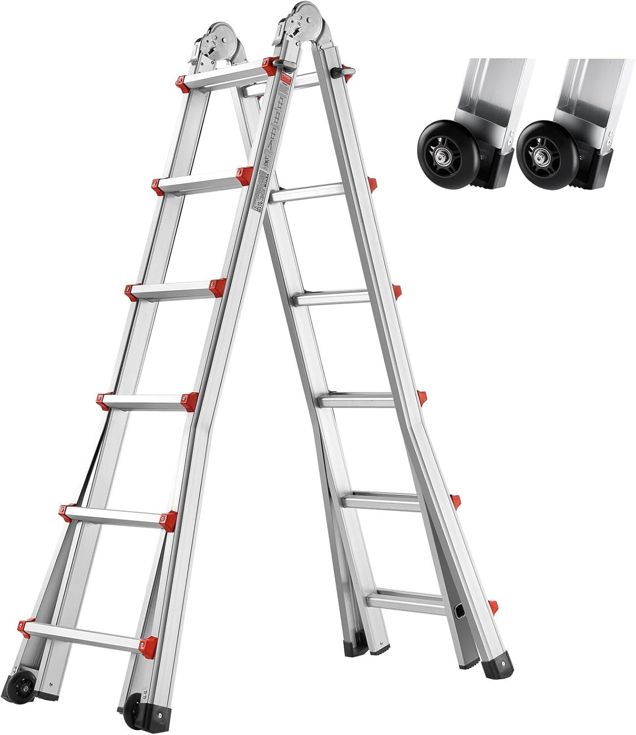 VEVOR Telescoping A Frame Ladder, 20 FT Compact Aluminum Extension, Multi-Function Portable Collapsible RV, for Homework Stairs Indoor Outdoor Roof, 330lb Load
