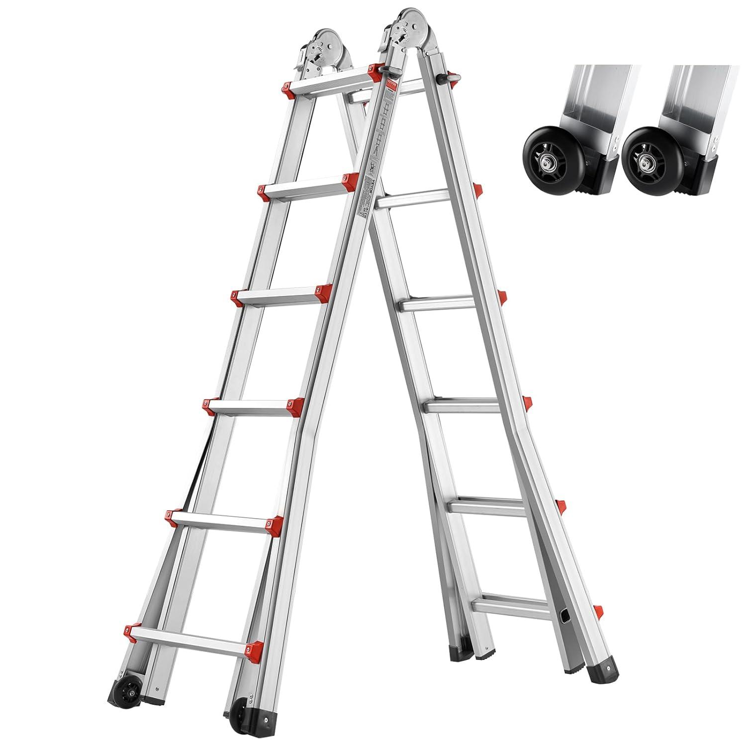 VEVOR Telescoping A Frame Ladder, 20 FT Compact Aluminum Extension, Multi-Function Portable Collapsible RV, for Homework Stairs Indoor Outdoor Roof, 330lb Load