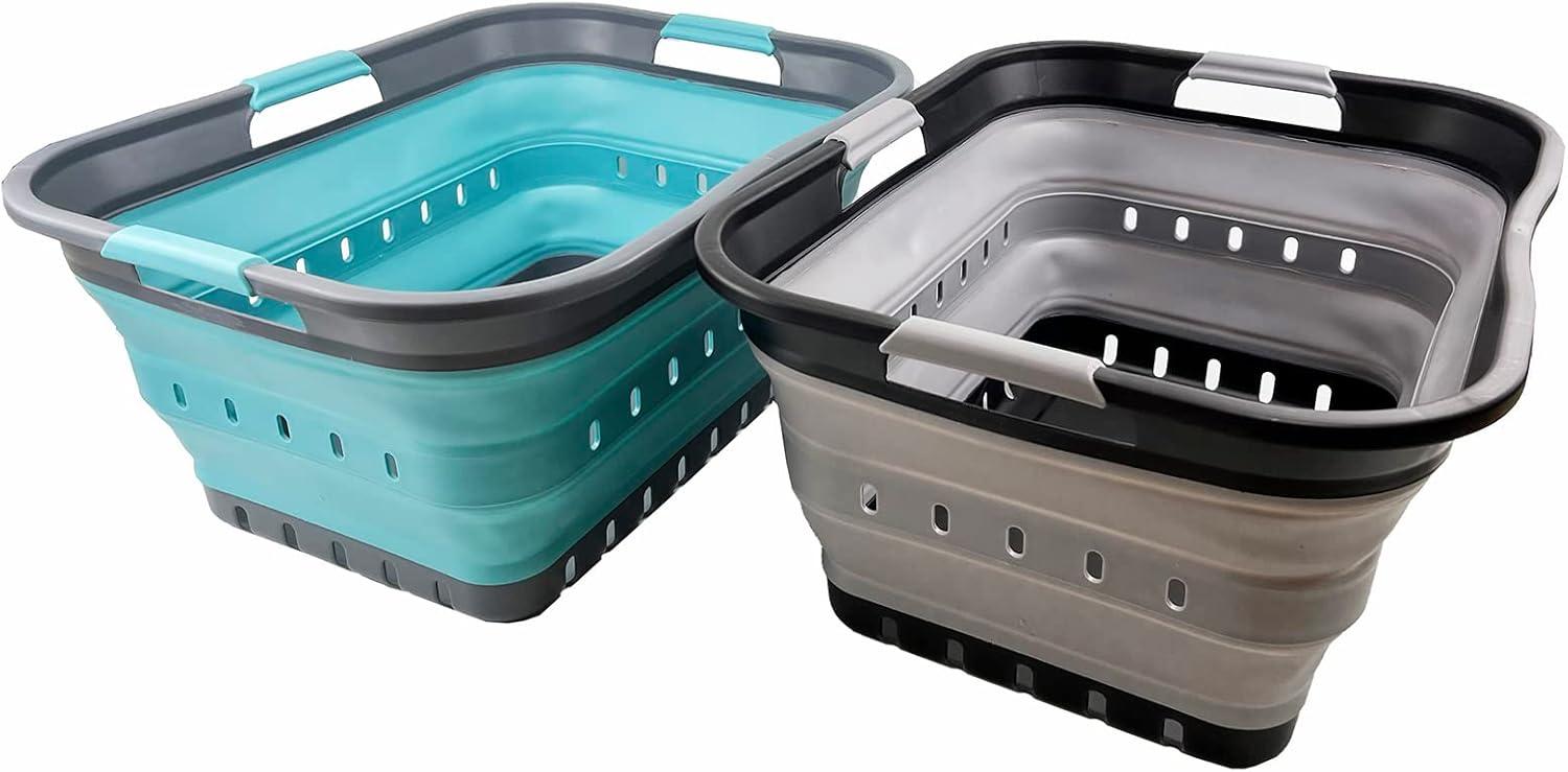 42L Collapsible Plastic Laundry Baskets in Gray and Blue