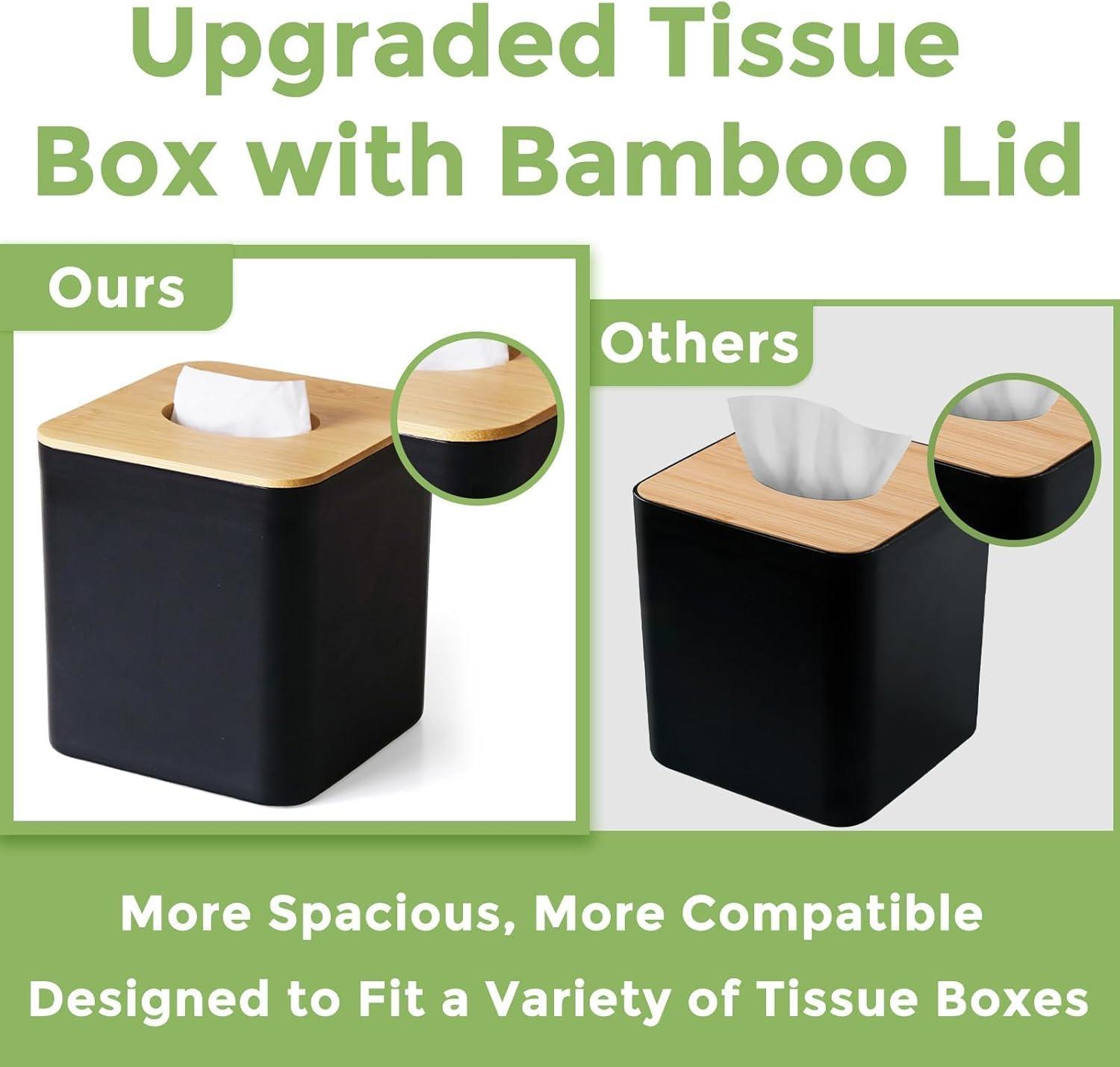 Tissue Box Cover Square, Black Tissue Box Holder with Bamboo Cover Plate, Cube Tissue Box Cover for Desk Accessories, Tissue Holders Decorative Square Tissue Box Tissue Holders for Bathrooms Bedrooms