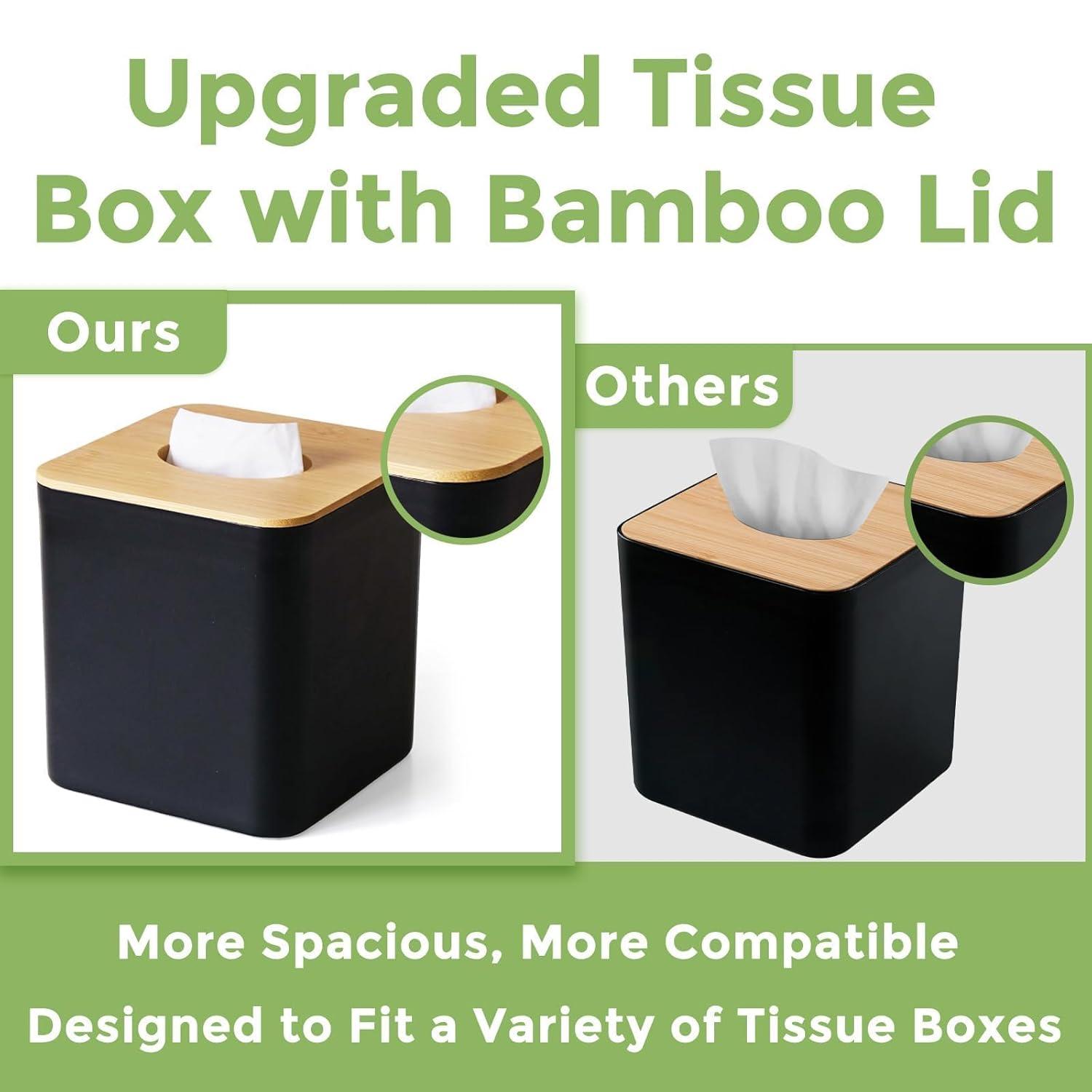 Tissue Box Cover Square, Black Tissue Box Holder with Bamboo Cover Plate, Cube Tissue Box Cover for Desk Accessories, Tissue Holders Decorative Square Tissue Box Tissue Holders for Bathrooms Bedrooms