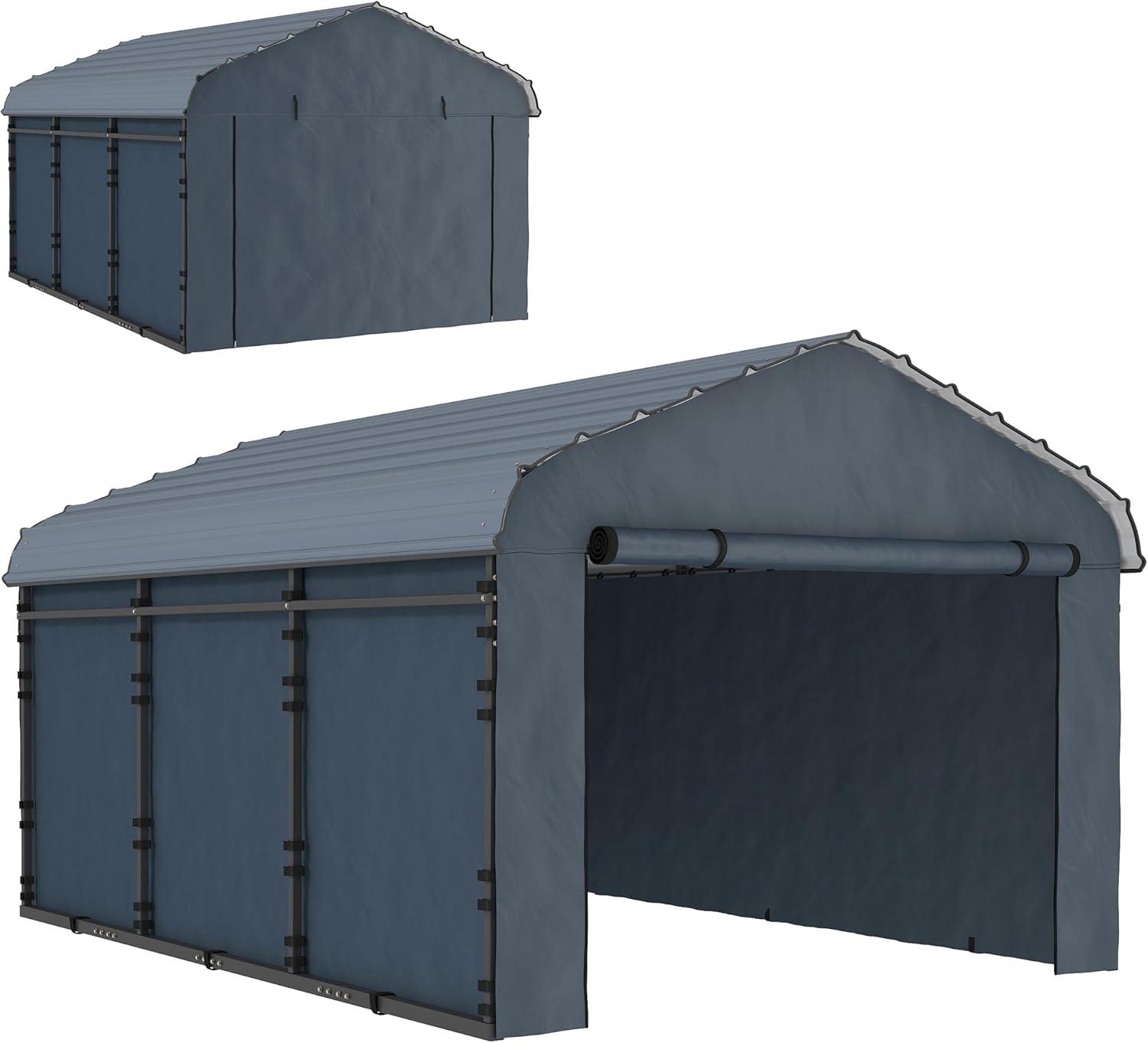 Outsunny 10' x 15' Heavy Duty Metal Carport, Waterproof Garage Car Canopy with Galvanized Metal Roof and Removable Sidewalls, Dark Gray