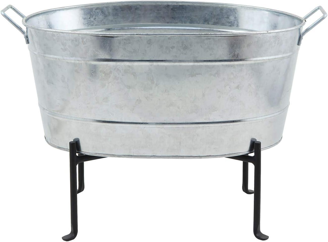 24" Classic Oval Galvanized Tub With Folding Stand Steel - ACHLA Designs: Wrought Iron Beverage & Plant Stand