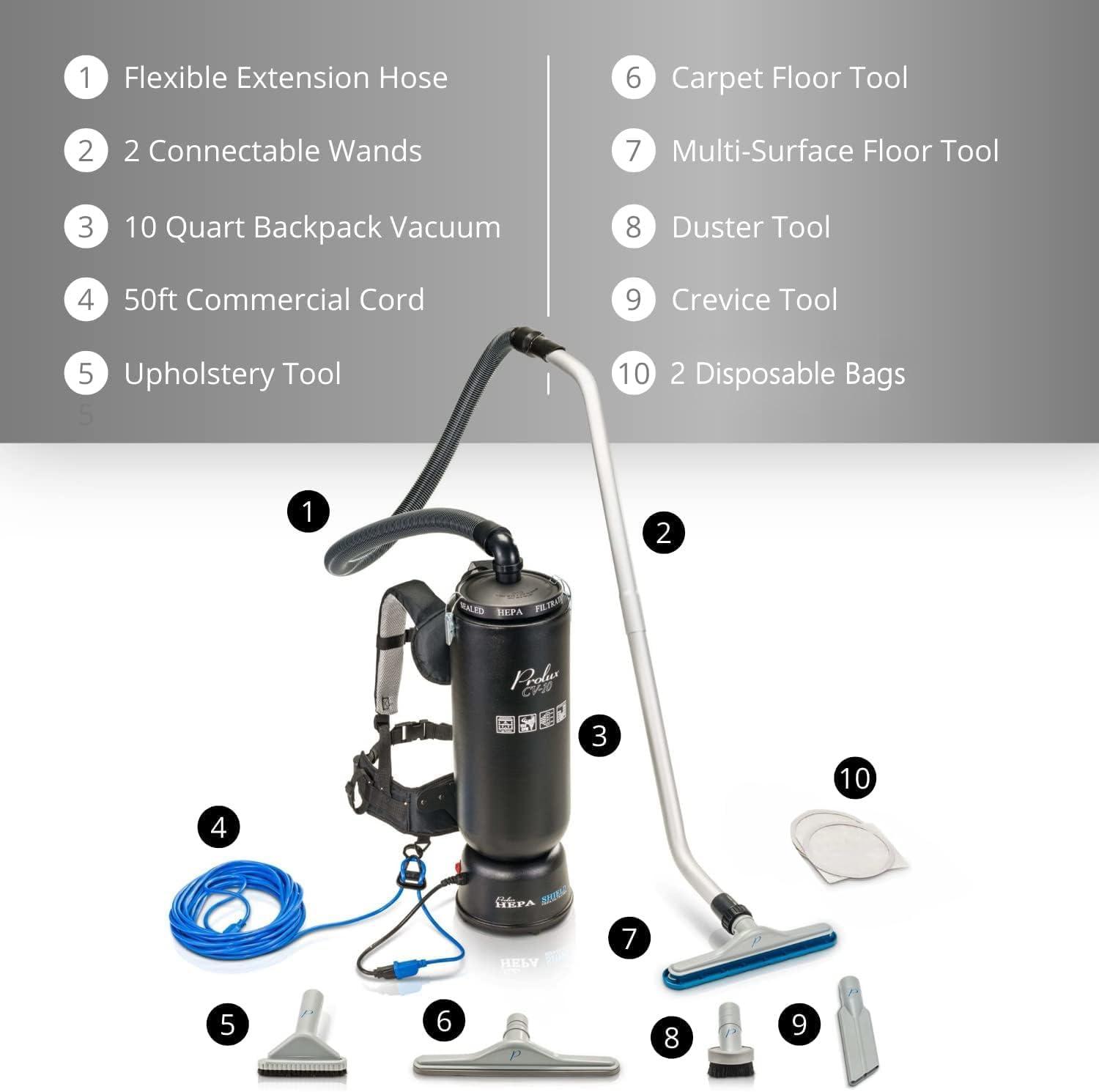 Prolux 10 Quart Powerful Lightweight Backpack Vacuum w/ 1-1/2in Tool Kit and 5 YR Warranty