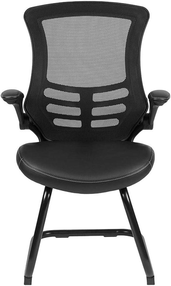 Flash Furniture Kelista Black Mesh Sled Base Side Reception Chair with White Stitched LeatherSoft Seat and Flip-Up Arms